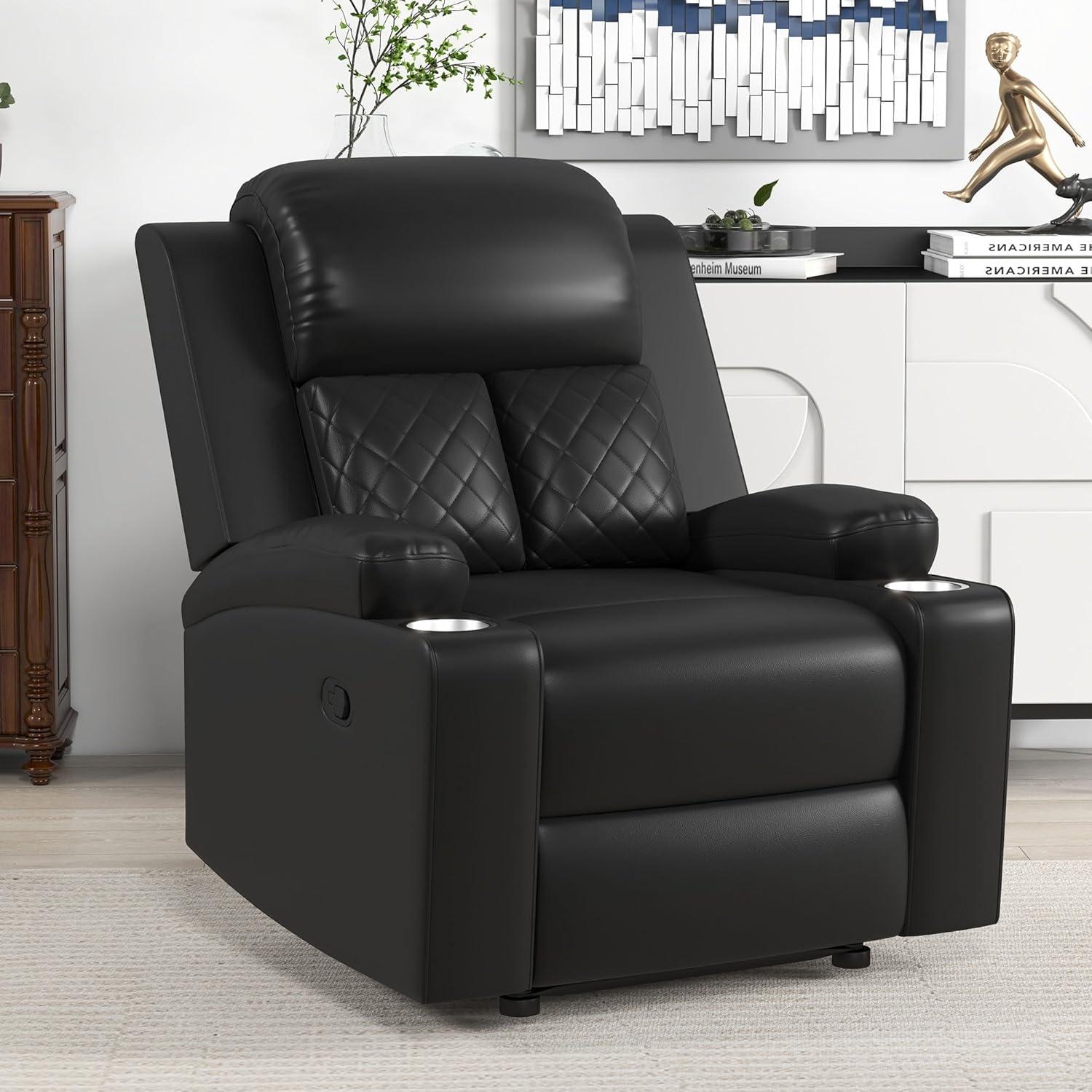 Bonzy Home Manual Recliner Chair for Adults, Comfortable Faux Leather Home Theater Seating with Overstuffed Backrest and Armrests, 2 Cup Holders, Black