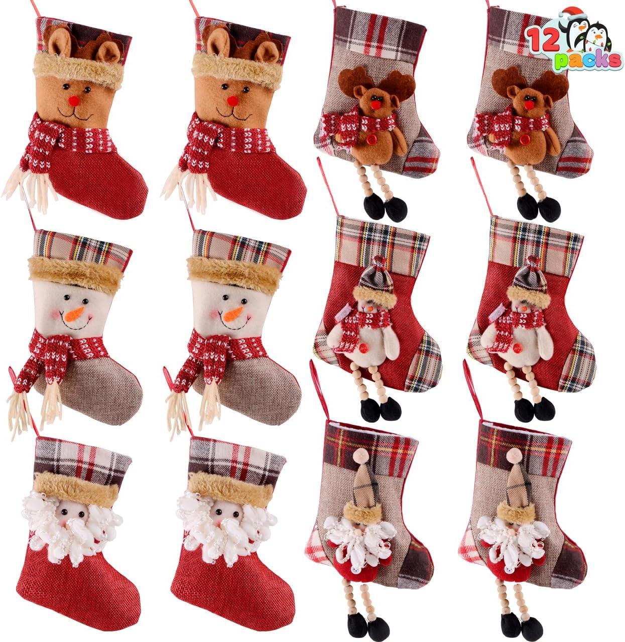 JOYFY 12 Pcs Mini Christmas Stockings 3D Bulk Xmas Stockings Santa Snowman Reindeer Burlap Stockings for Present Holders Treat Bags