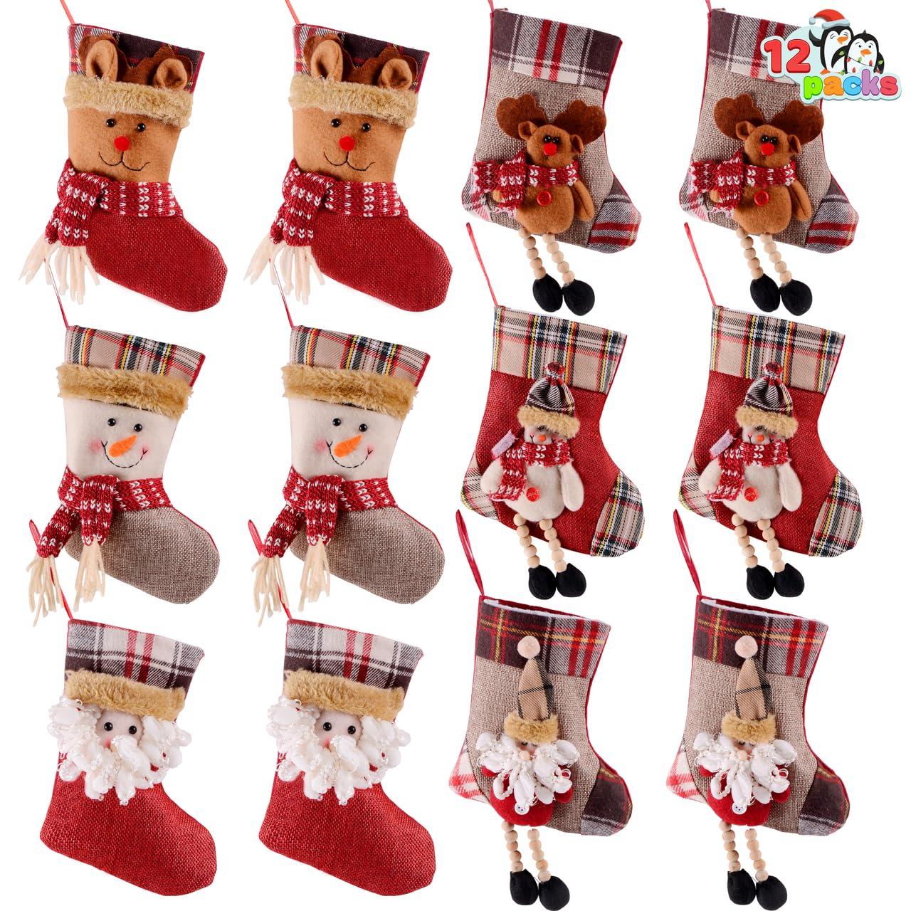 JOYFY 12 Pcs Mini Christmas Stockings 3D Bulk Xmas Stockings Santa Snowman Reindeer Burlap Stockings for Present Holders Treat Bags