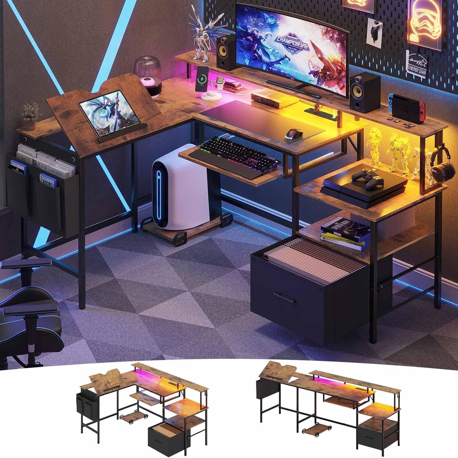 Afuhokles L Shaped Gaming Desk, Led Reversible Corner Computer Desk with Power Outlet, Monitor Stand CPU Stand, Brown