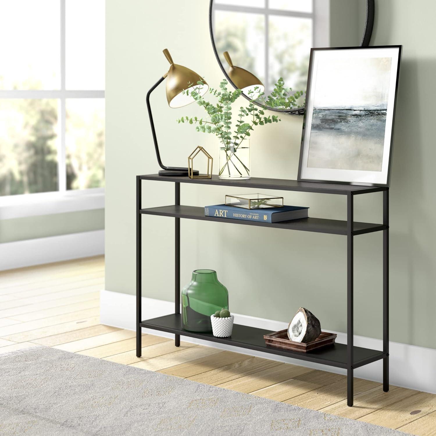 Evelyn&Zoe Ricardo 42" Wide Rectangular Console Table with Metal Shelves, Blackened Bronze