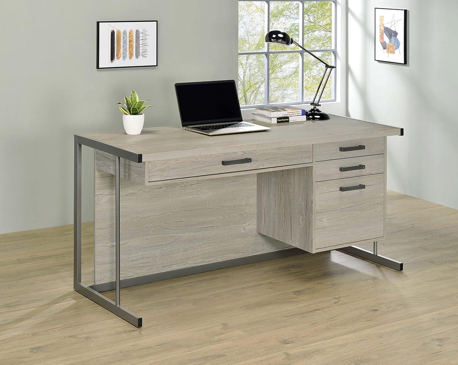 Whitewashed Gray Wood Office Desk with Filing Cabinet