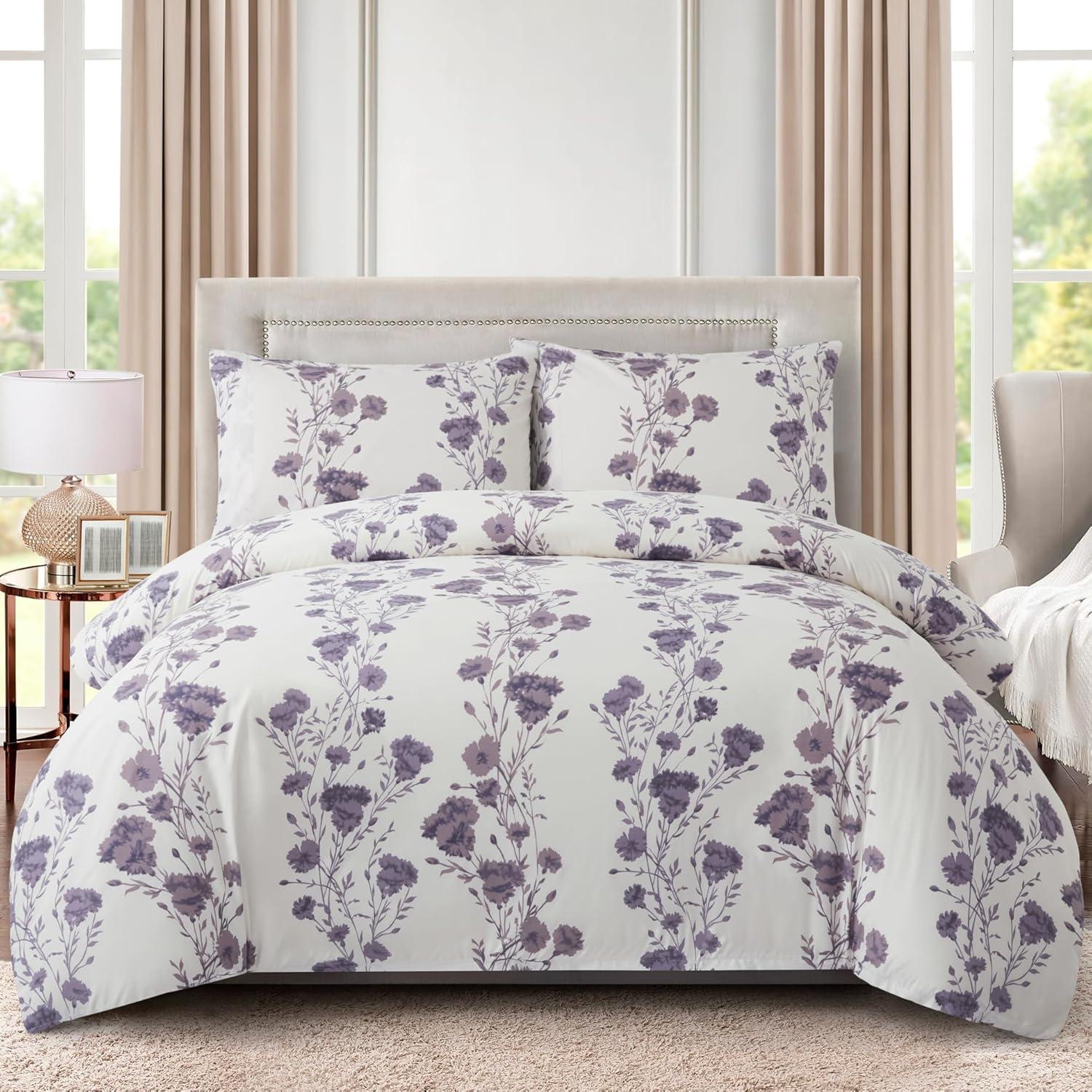 Twin Purple Carnation Floral Rayon Bamboo Duvet Cover Set