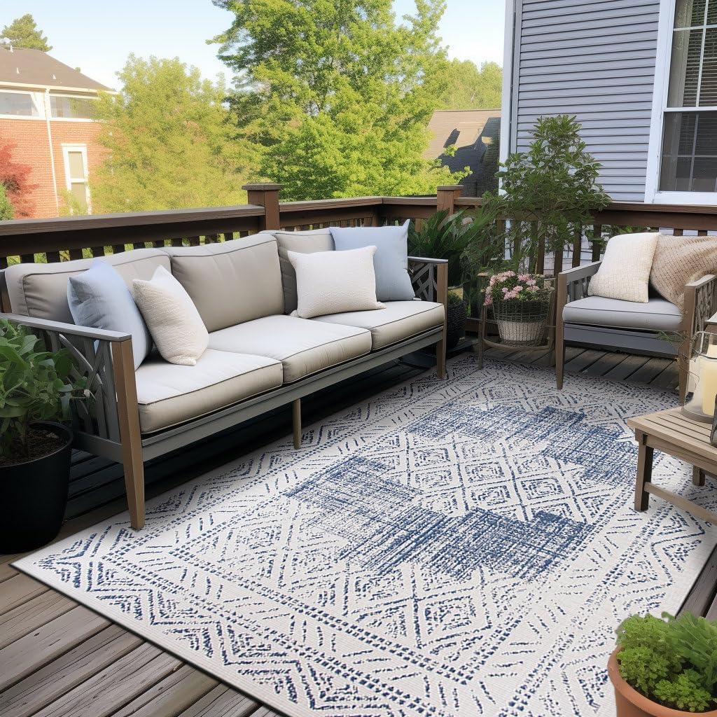 Livabliss Eagean Global Indoor/Outdoor Area Rug,7'10" x 10'2",Denim/Cream