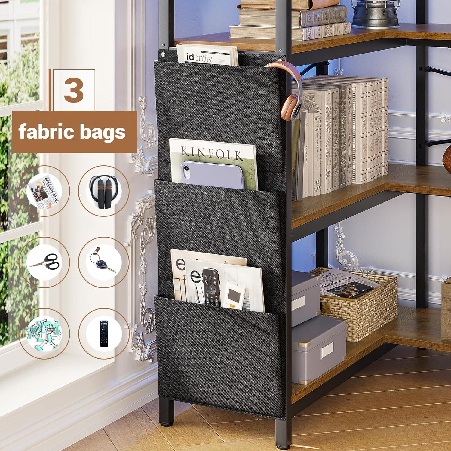 5-Tier Book Shelf with LED Light, 63" Reversible Storage Shelves, Corner Bookshelf with Storage Bag and Pegboard, Black