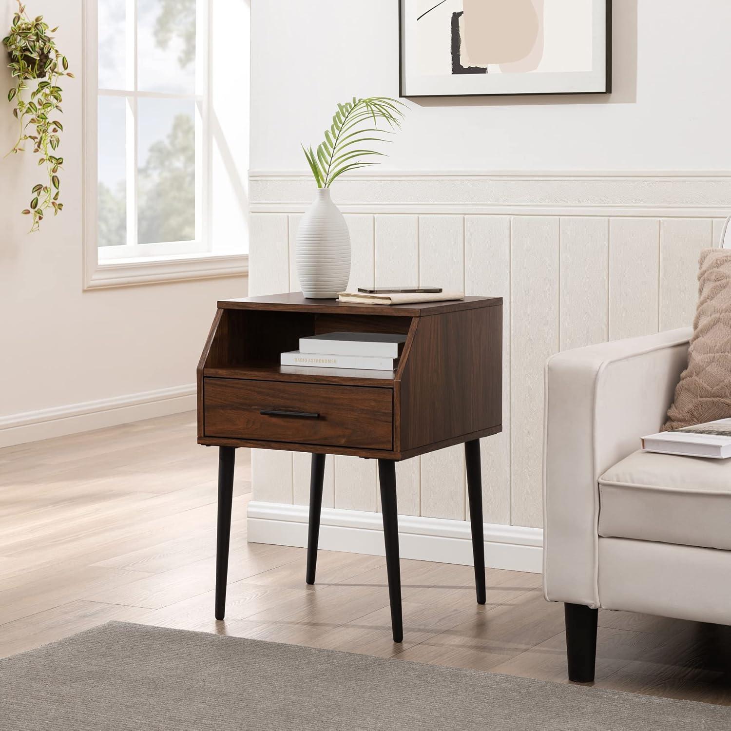 18" 1-Drawer Contemporary Wood Side Table with Storage - Dark Walnut / Black