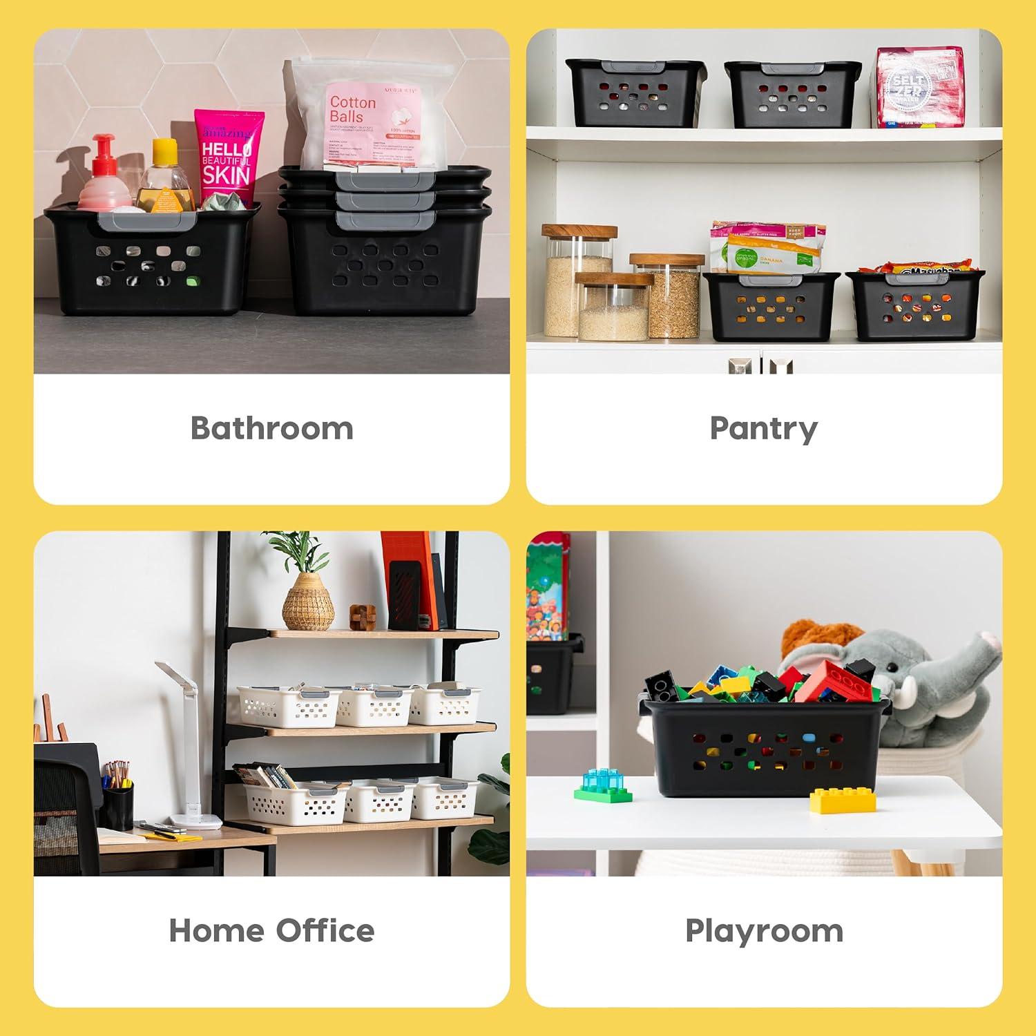 IRIS USA Small Plastic Storage Basket, 12-Pack, Shelf Basket Organizer for Pantries Kitchens Cabinets Bedrooms, Black