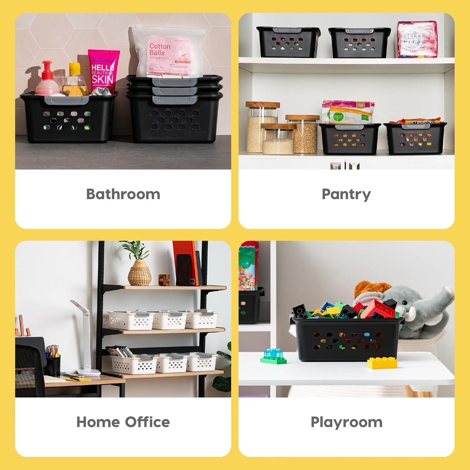 IRIS USA Small Plastic Storage Basket, 12-Pack, Shelf Basket Organizer for Pantries Kitchens Cabinets Bedrooms, Black