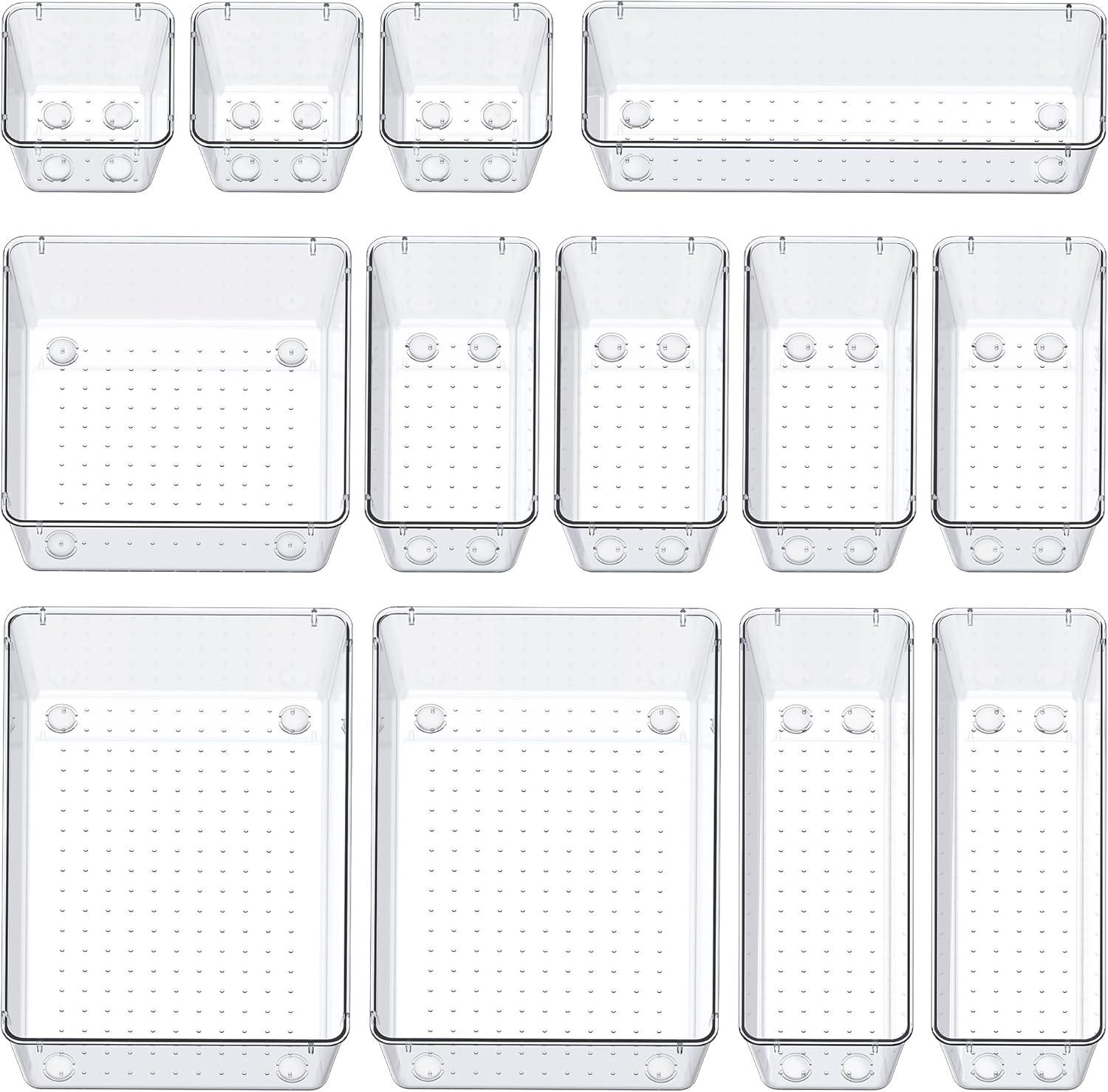 SMARTAKE 13-Piece Drawer Organizers with Non-Slip Silicone Pads, 5-Size Desk Drawer Organizer Trays Storage Tray for Makeup, Jewelries, Utensils in Bedroom Dresser, Office and Kitchen, Clear