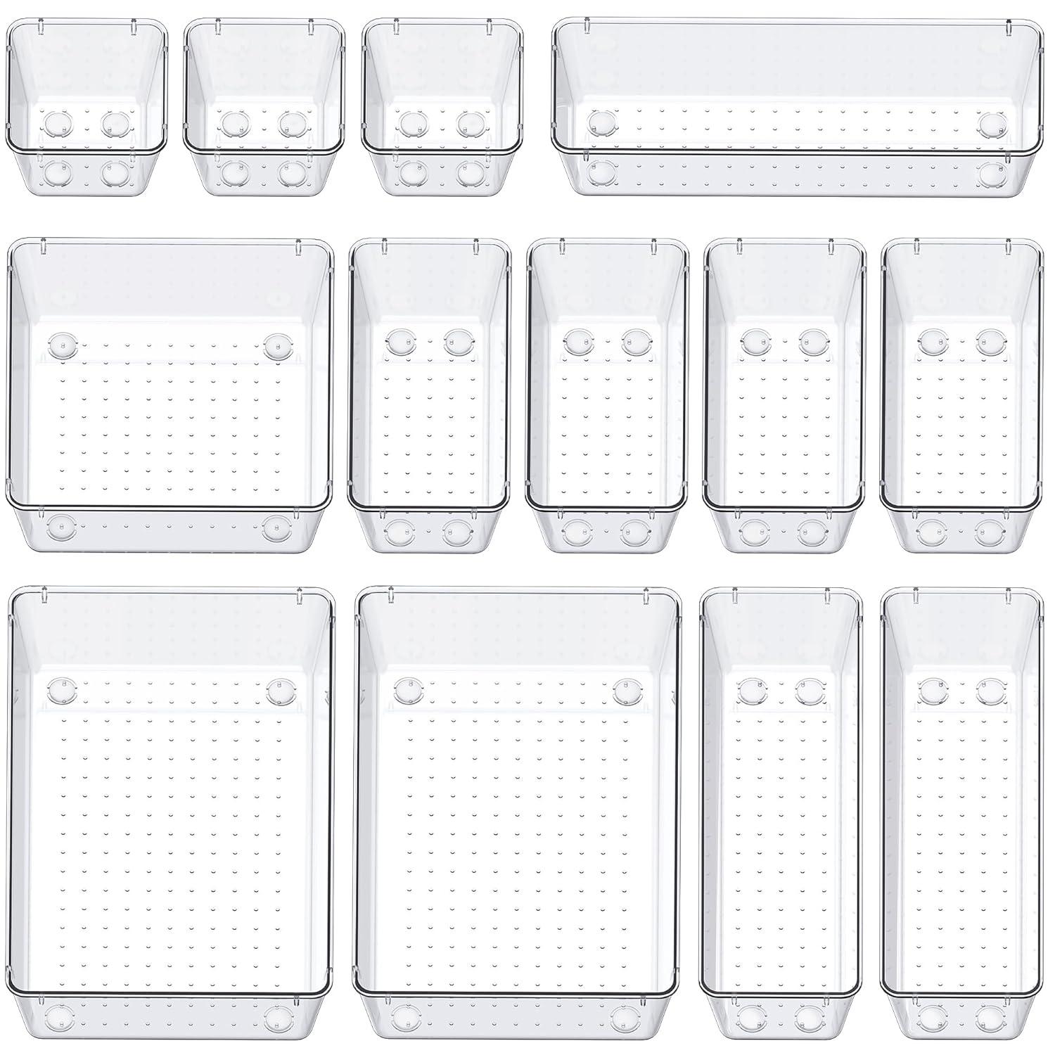 SMARTAKE 13-Piece Drawer Organizers with Non-Slip Silicone Pads, 5-Size Desk Drawer Organizer Trays Storage Tray for Makeup, Jewelries, Utensils in Bedroom Dresser, Office and Kitchen, Clear
