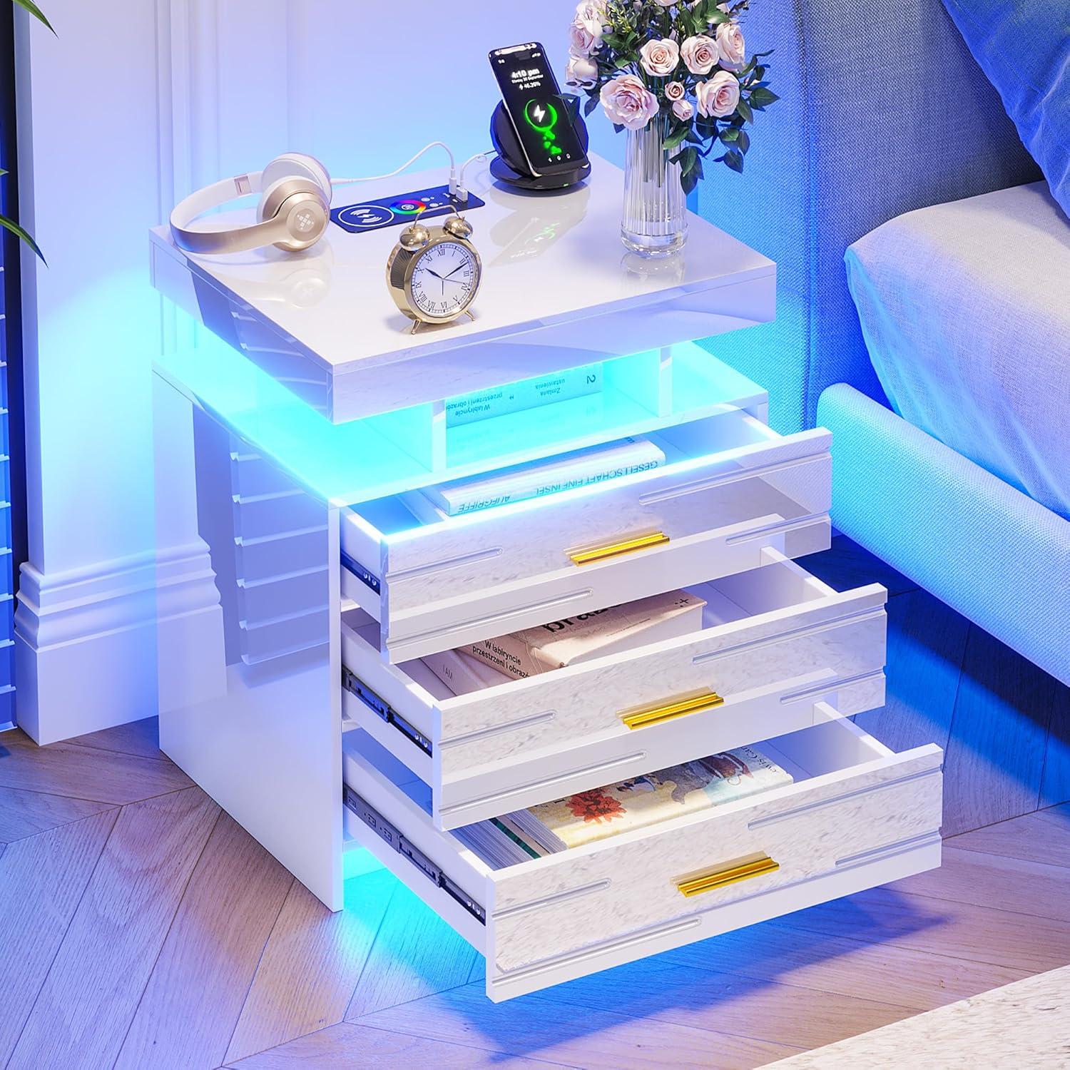 HNEBC Smart LED Nightstand with Wireless Charging & USB Ports, High Glossy Night Stand with 3 Drawers and 1 Pull-Out Tray, Modern Bedside Table with Human Sensor for Bedroom (White)