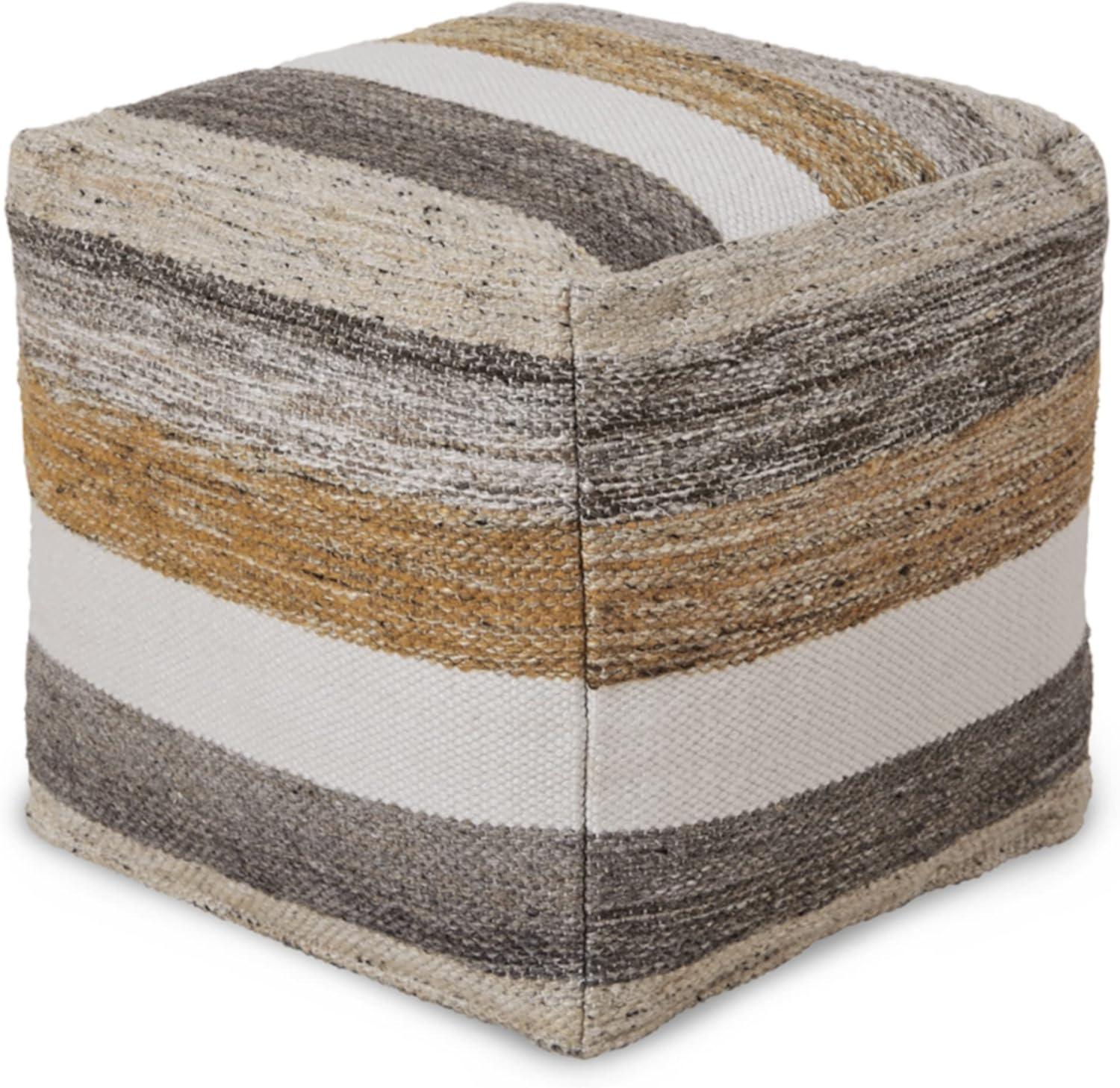 Beige and Gray Handwoven Wool Pouf Ottoman