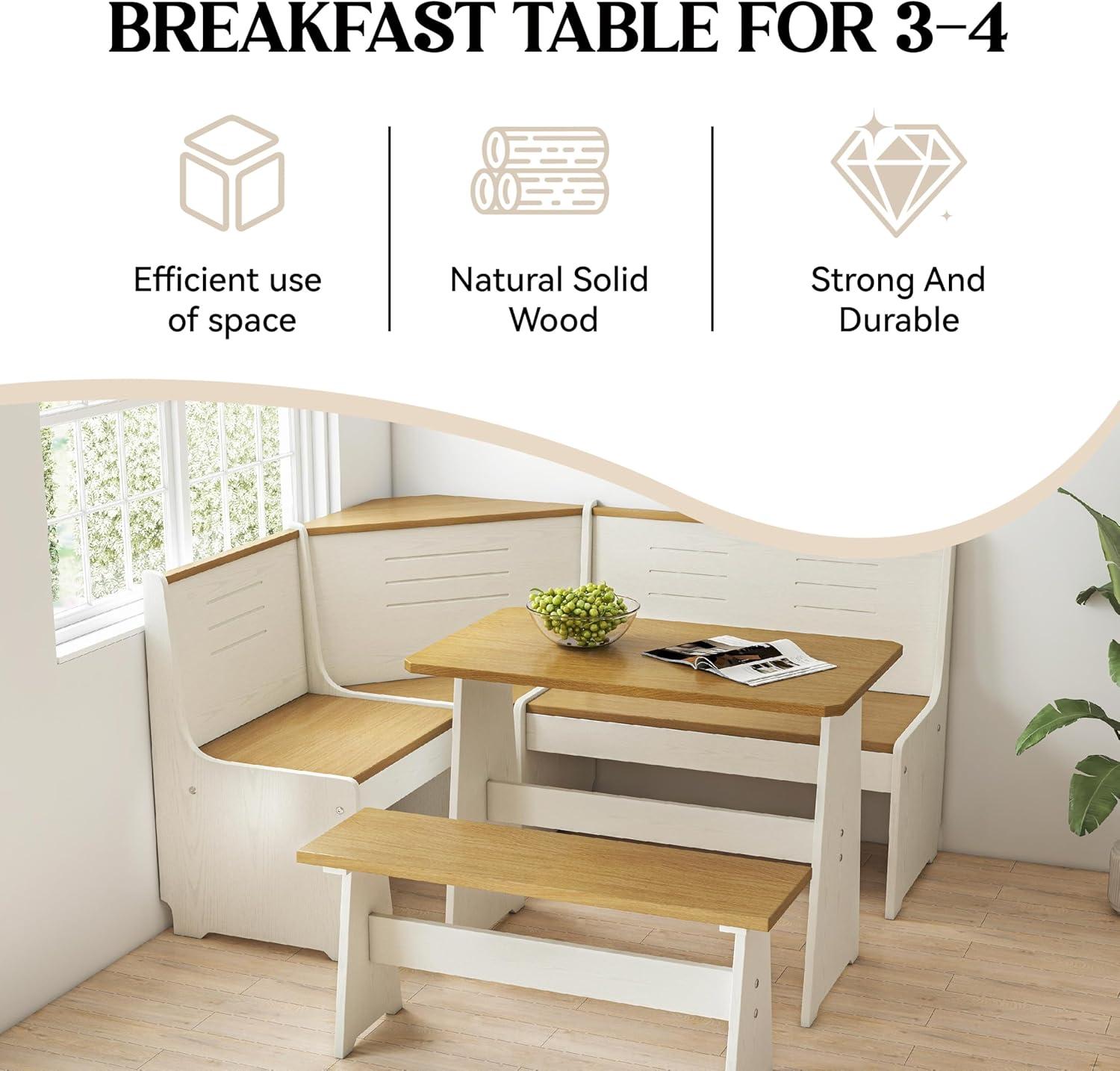 Breakfast Nook Corner Dining Table Kitchen Bench Chair Set, Space-Saving 3-5 People Seat Reversible L-Shape for Family Home White Wood