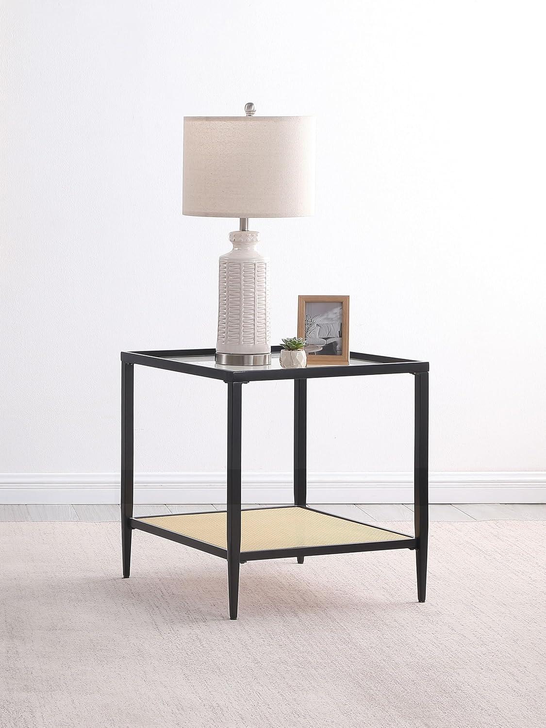 Black Metal and Glass Square End Table with Cane Shelf