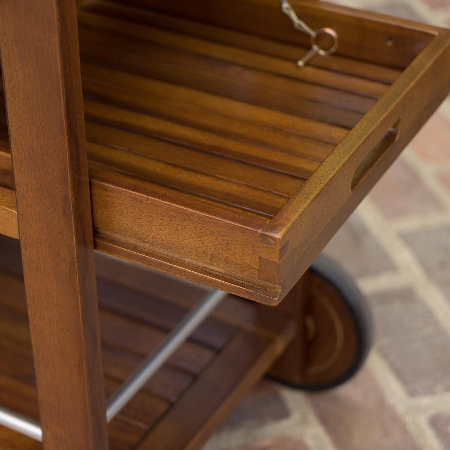 Modern Industrial Dark Oak Acacia Wood Bar Cart with Drop Leaf and Wine Rack