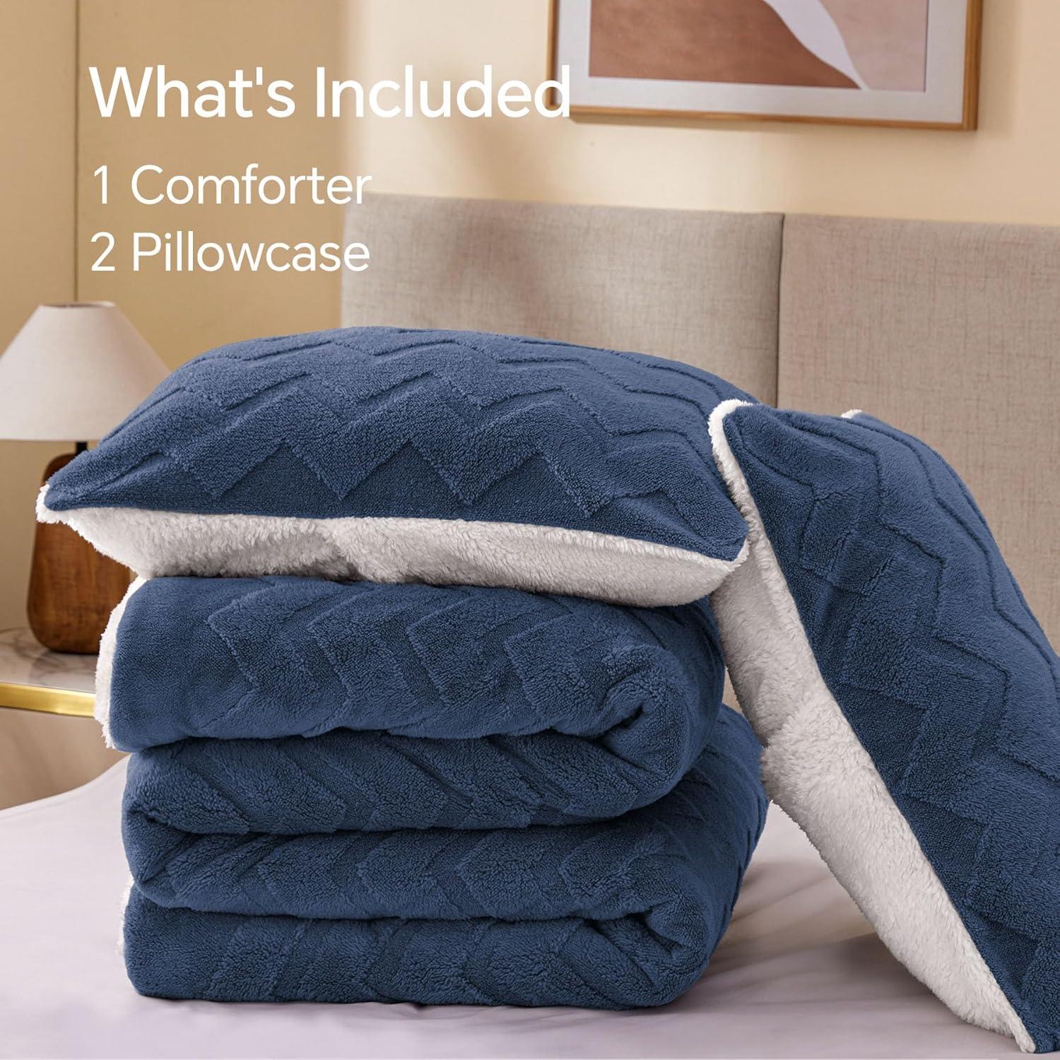 Navy Blue Sherpa Reversible Queen Comforter Set