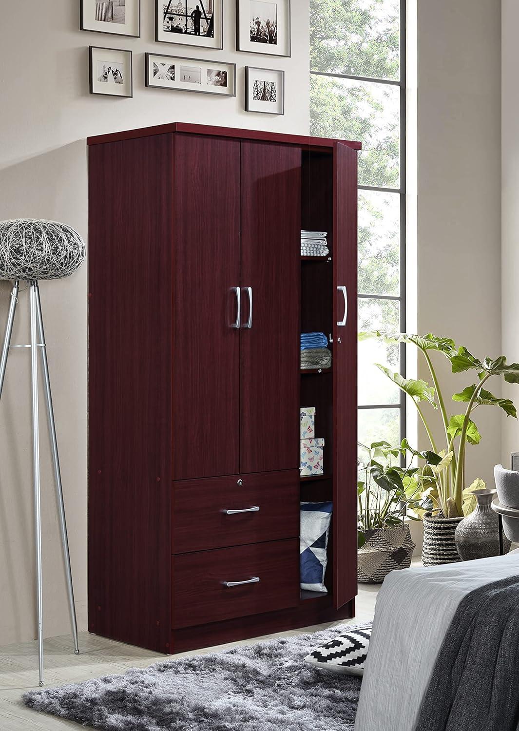 Mahogany 3-Door Armoire with Drawers and Shelves