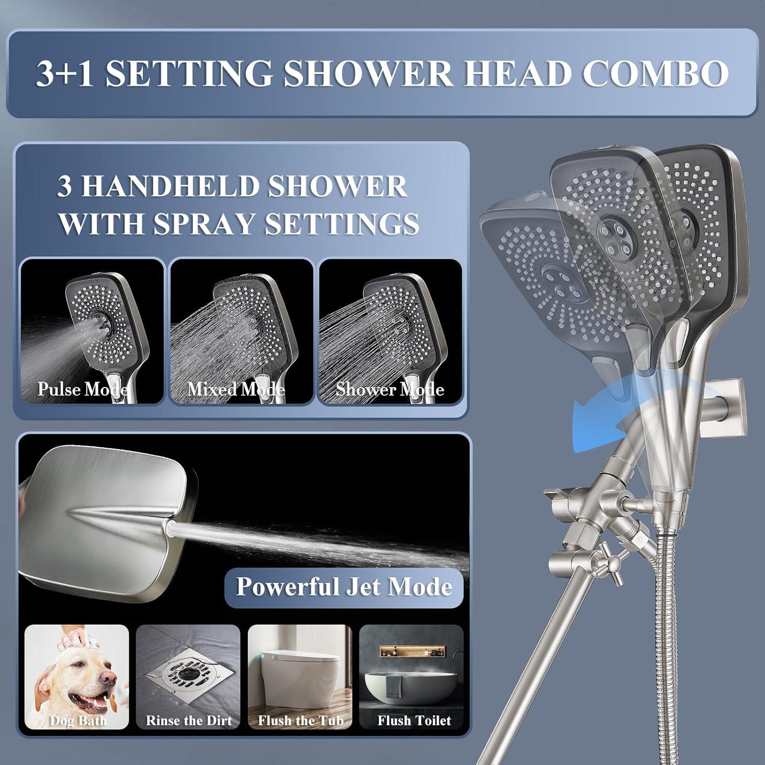 12 Inch Shower Head With Handheld, High-Pressure Rain/Rainfall Shower Heads With 3+1 Handheld
