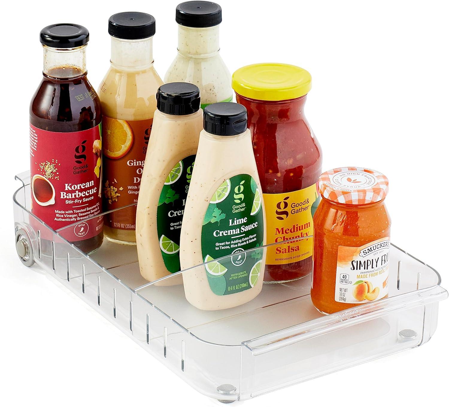 YouCopia® RollOut® Fridge Caddy, 9” x 15”, Rolling Fridge Organizer with Adjustable Dividers