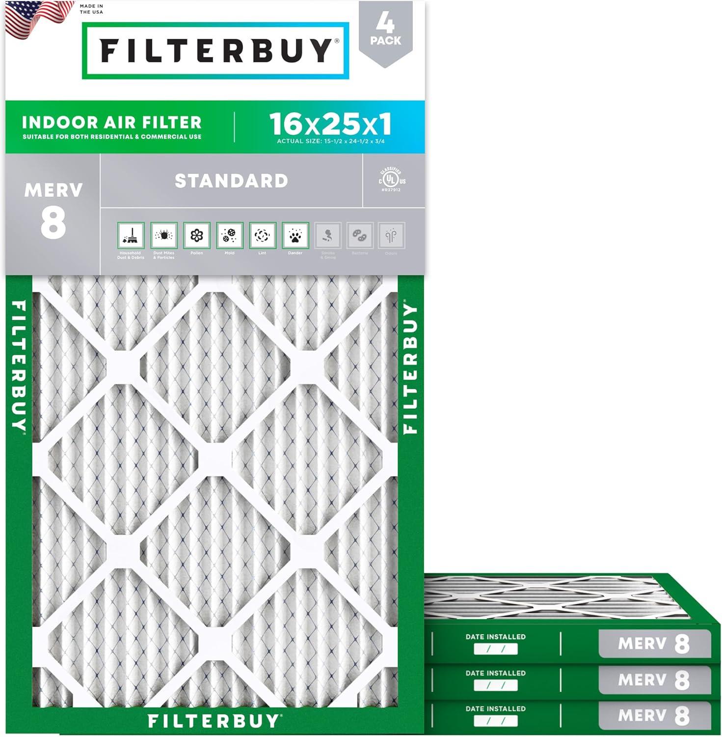 Filterbuy 16x25x1 MERV 8 Pleated HVAC AC Furnace Air Filters (4-Pack)