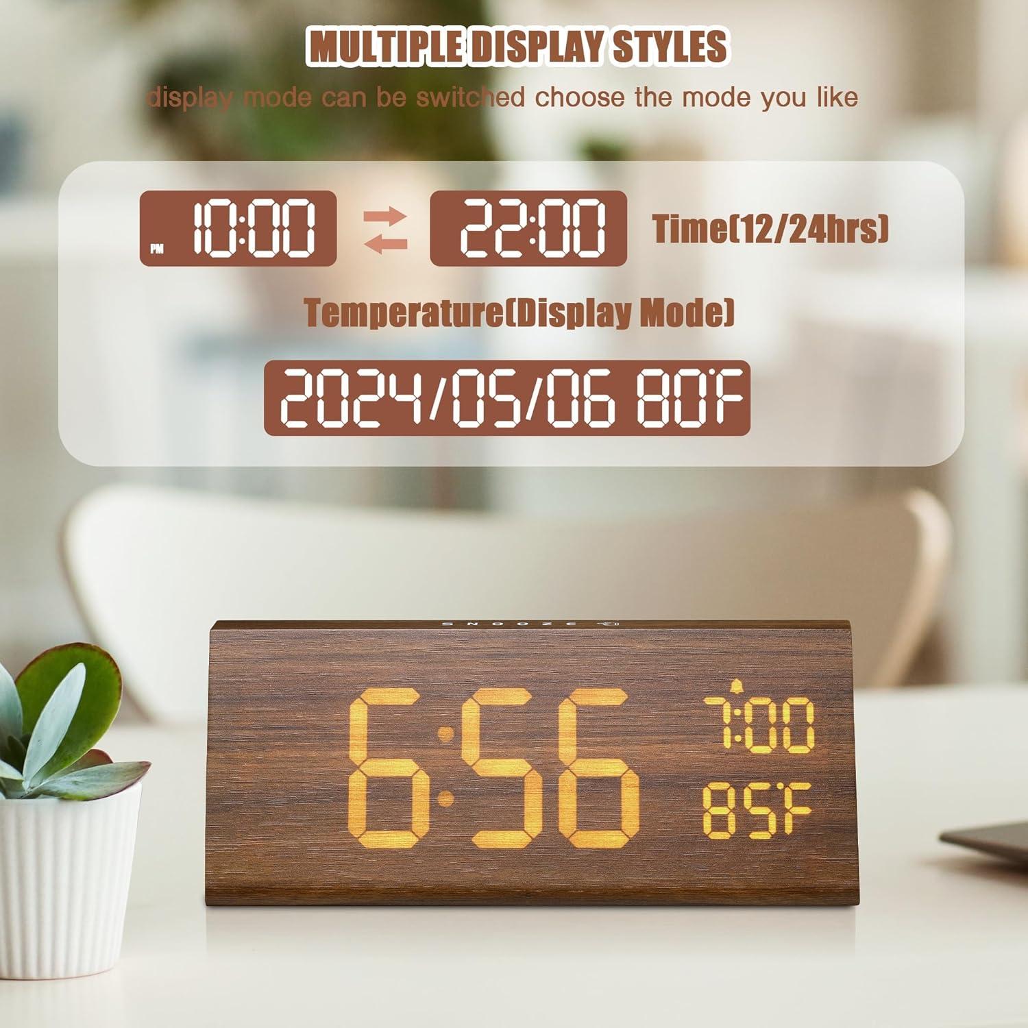 Digital Alarm Clock, with Wooden Electronic LED Time Display, Alarm Settings, Humidity & Temperature Detect, Wood Made Electric Clocks for Bedroom, Bedside,brown，G169865