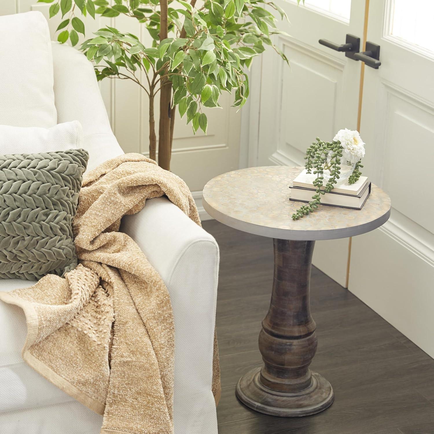 Gray Mango Wood Round Distressed Accent Table