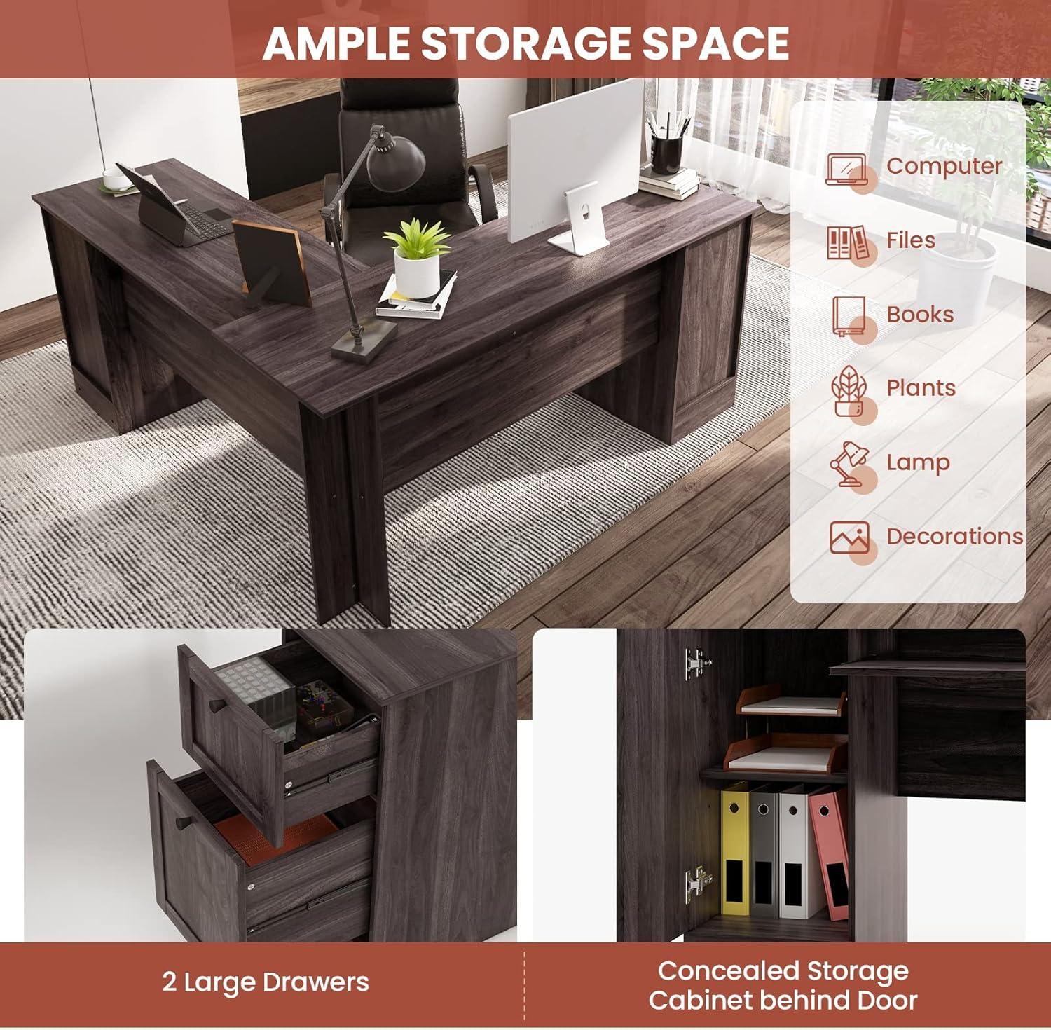 Dark Brown L-Shaped Corner Computer Desk with Drawers and Keyboard Tray