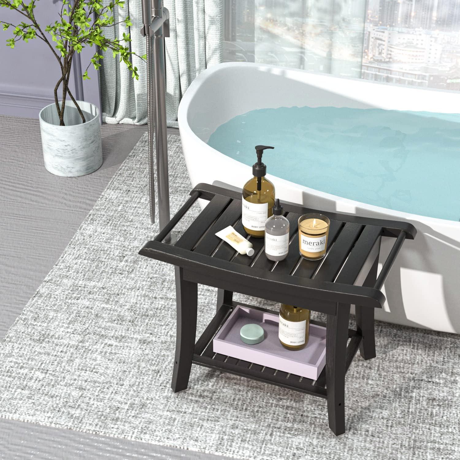 Black Bamboo Waterproof Shower Stool with Storage Shelf