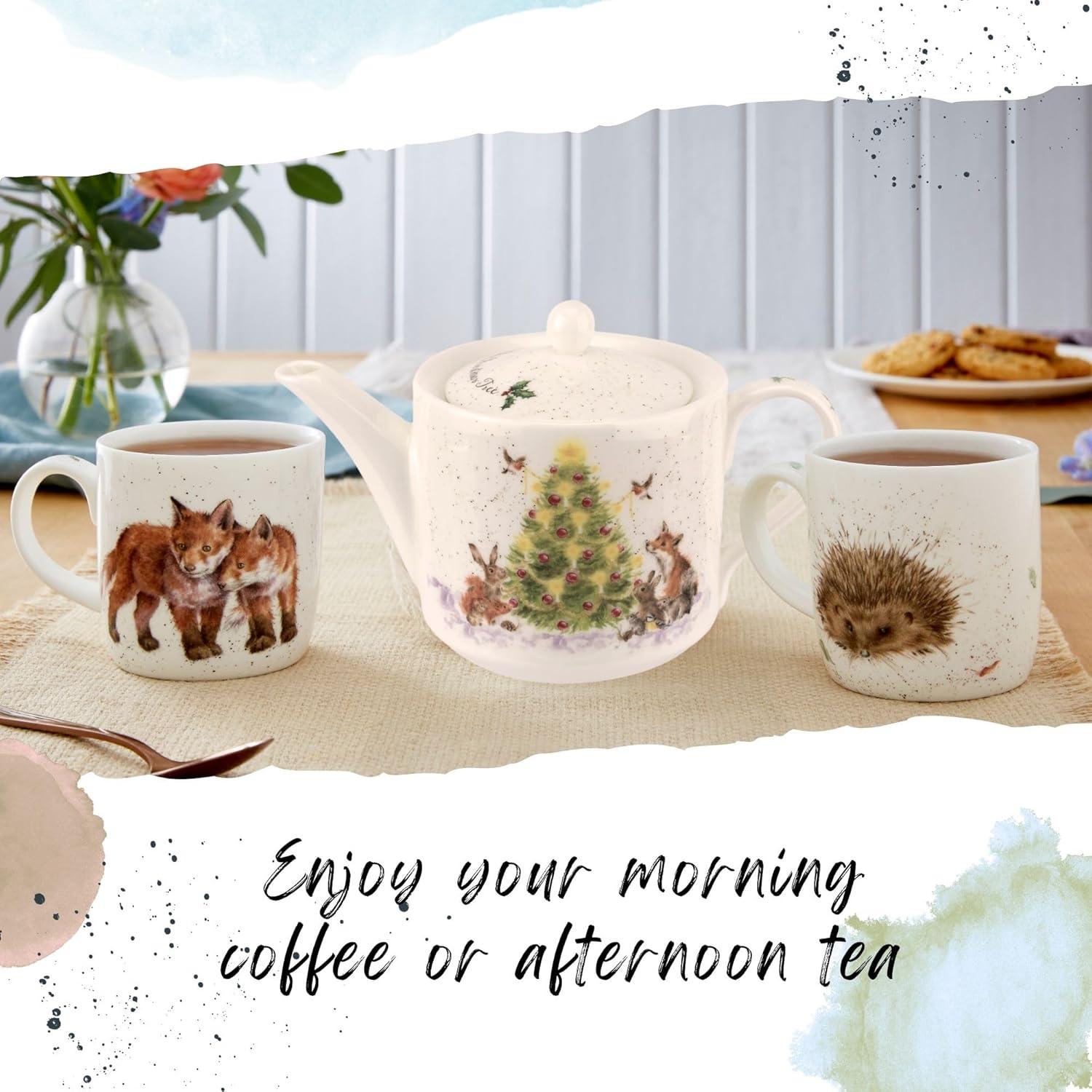 Spode Royal Worcester Oh Christmas Tree 16 Oz Teapot - Fine Bone China Tea Pot - Hand-Painted Woodland Critters, Dishwasher & Microwave Safe