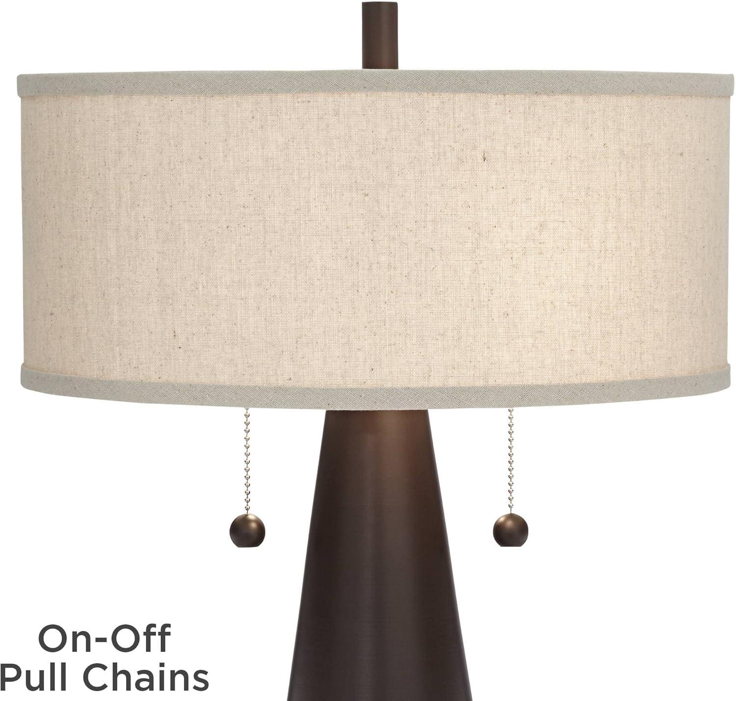 Franklin Iron Works Craig Rustic Farmhouse Accent Table Lamps 23" High Set of 2 Bronze with USB Charging Port Natural Drum Shade for Bedroom Desk