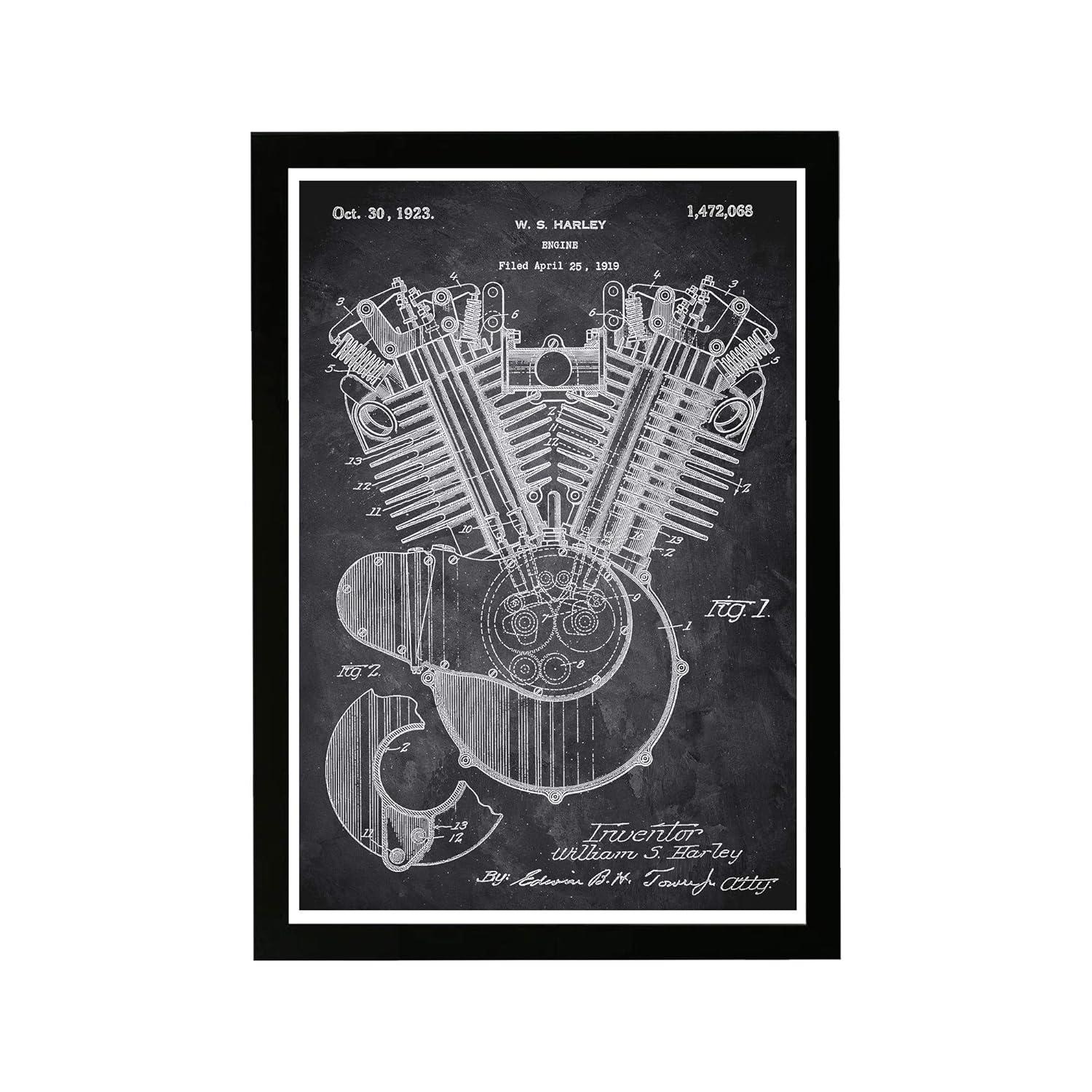 Wynwood Studio Transportation Framed Wall Art Prints 'Harley Engine 1923 Chalkboard' Motorcycles Home Décor - Black, White, 13" x 19"