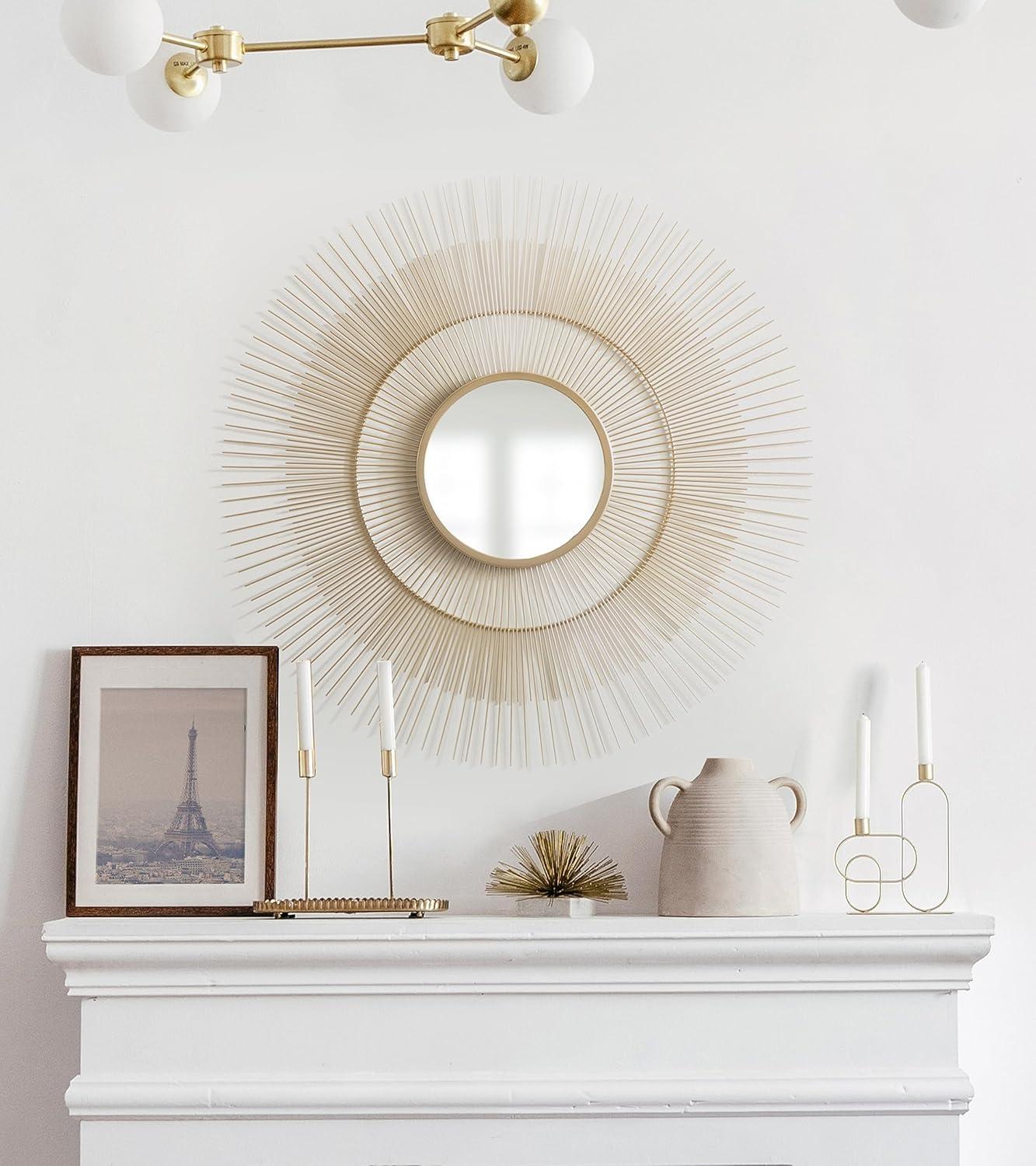 Kate and Laurel Quillet Mid-Century Round Decorative Wall Mirror, 26 Inch Diameter, Gold, Metal Circle Statement Piece Mirror with Detailed Sunburst Frame