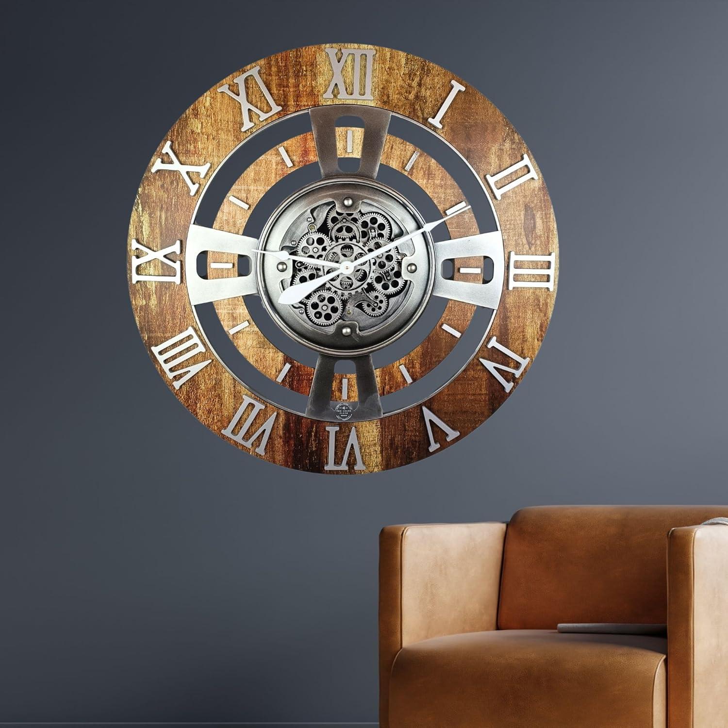 The Gears Clock Wall Clock 36" Oversized for Living Room decor with Real Moving Gears England Collection