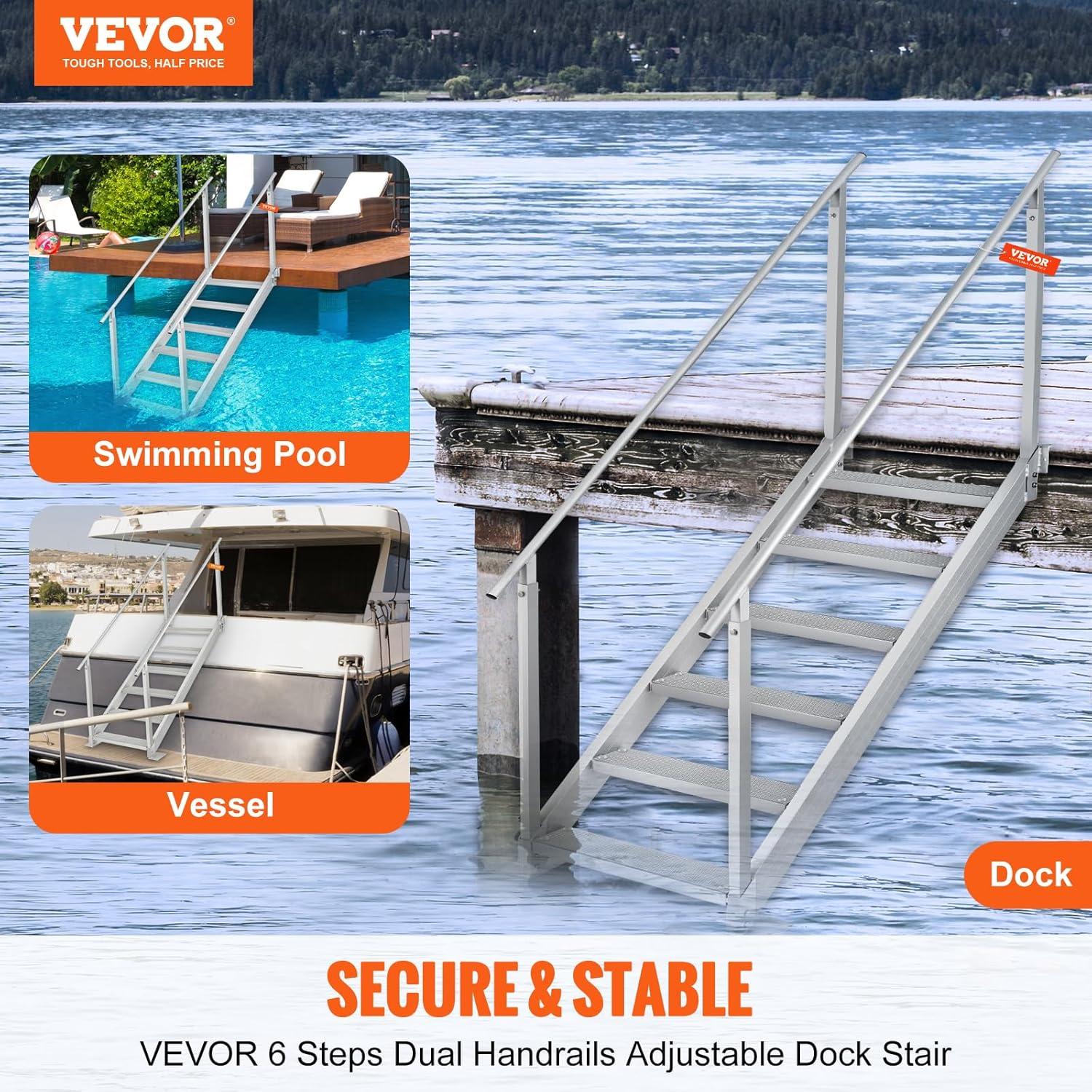 VEVOR Dock Stairs 4 Steps, 500lbs Load Pool Steps, Adjustable Height Aluminum Dock Ladders, Pontoon Boat Ladder with Handrails & Widen Nonslip Pedals for Lake/Pool/Marine Boarding/RV/House