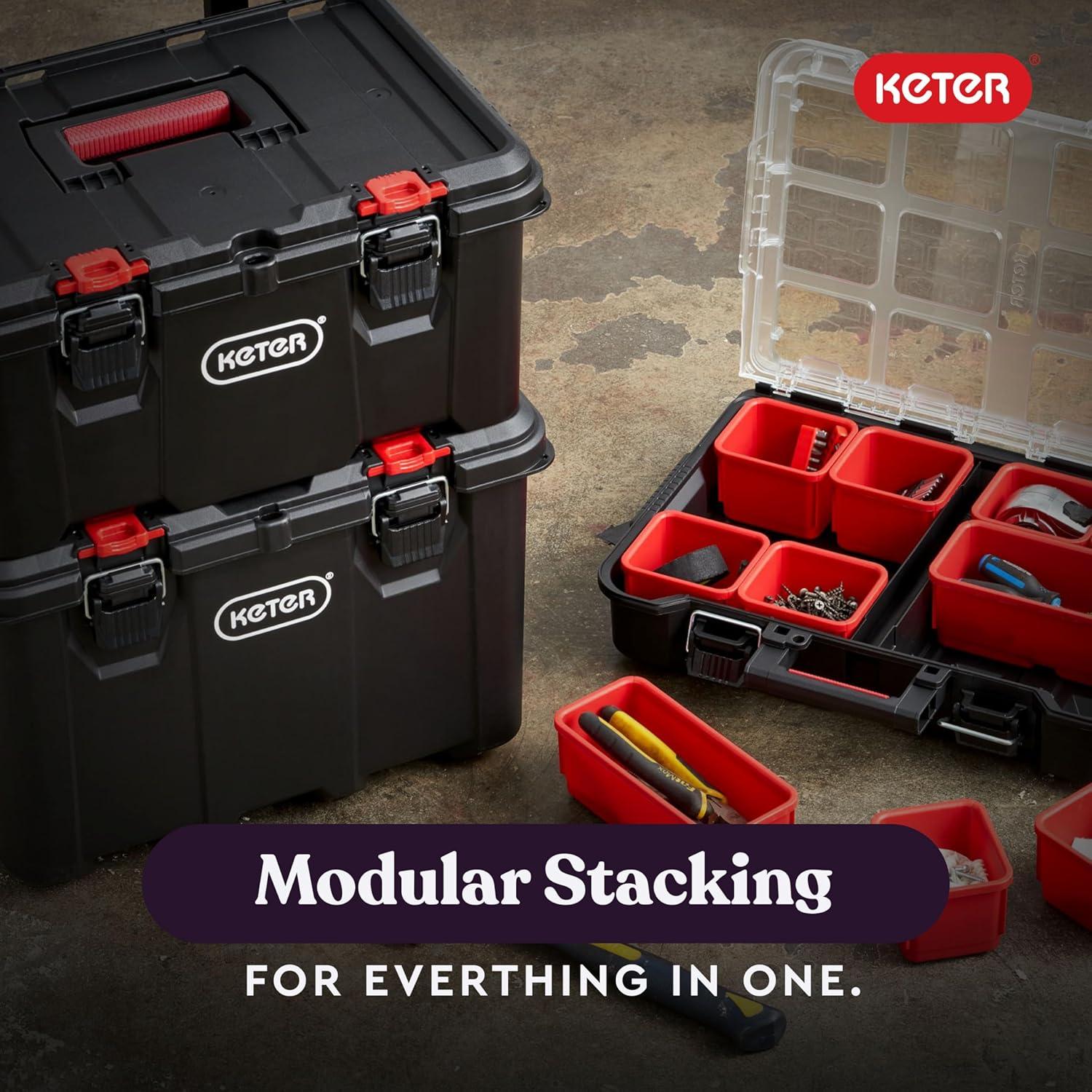 Keter Keter Stack-n-Roll 3 Piece Durable Resin Rolling Tool Box System Tool Storage and Organization Ideal For Garage and DIY, Black