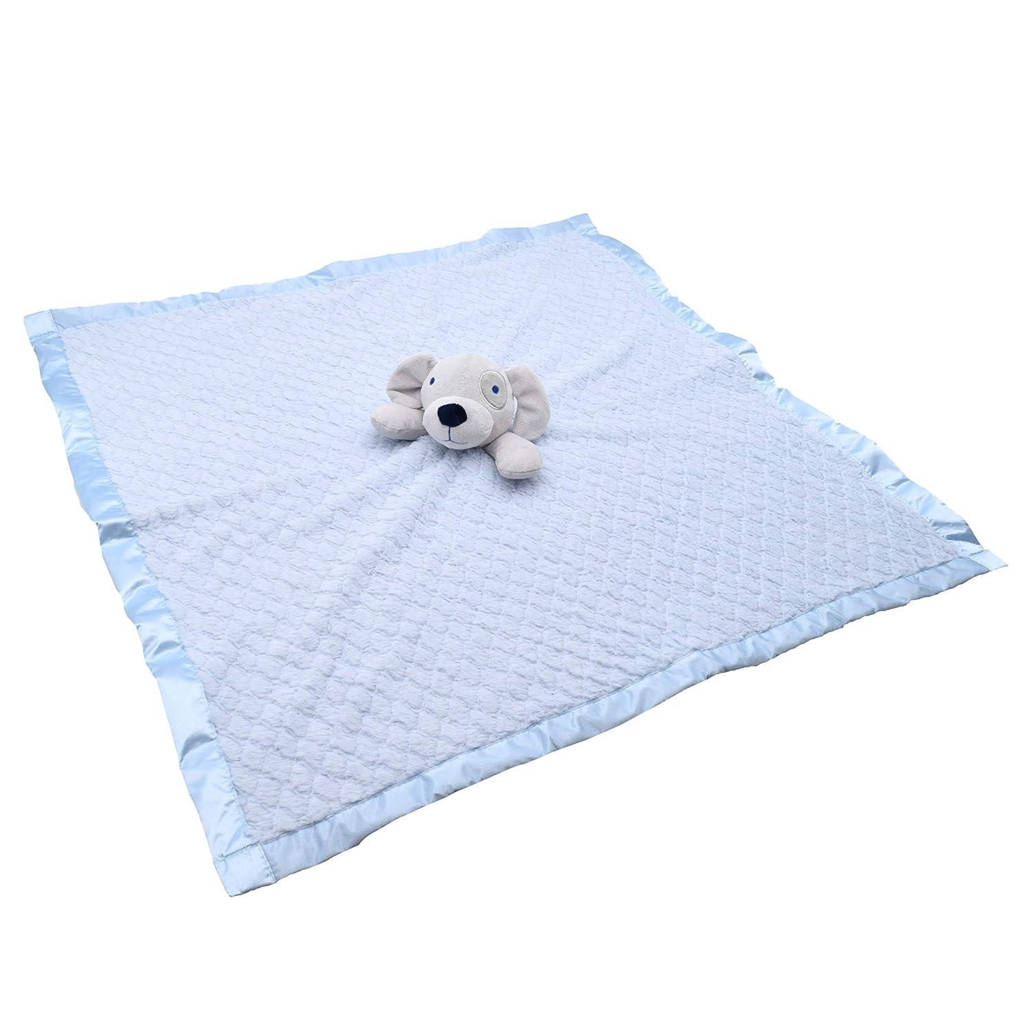 EVERYDAY KIDS Large Lovey Baby Security Blanket Sweet Dog Stuffed Animal on 30” Blue Snuggle Baby Blanket; Fluffy Fleece with Attached Plush Toy
