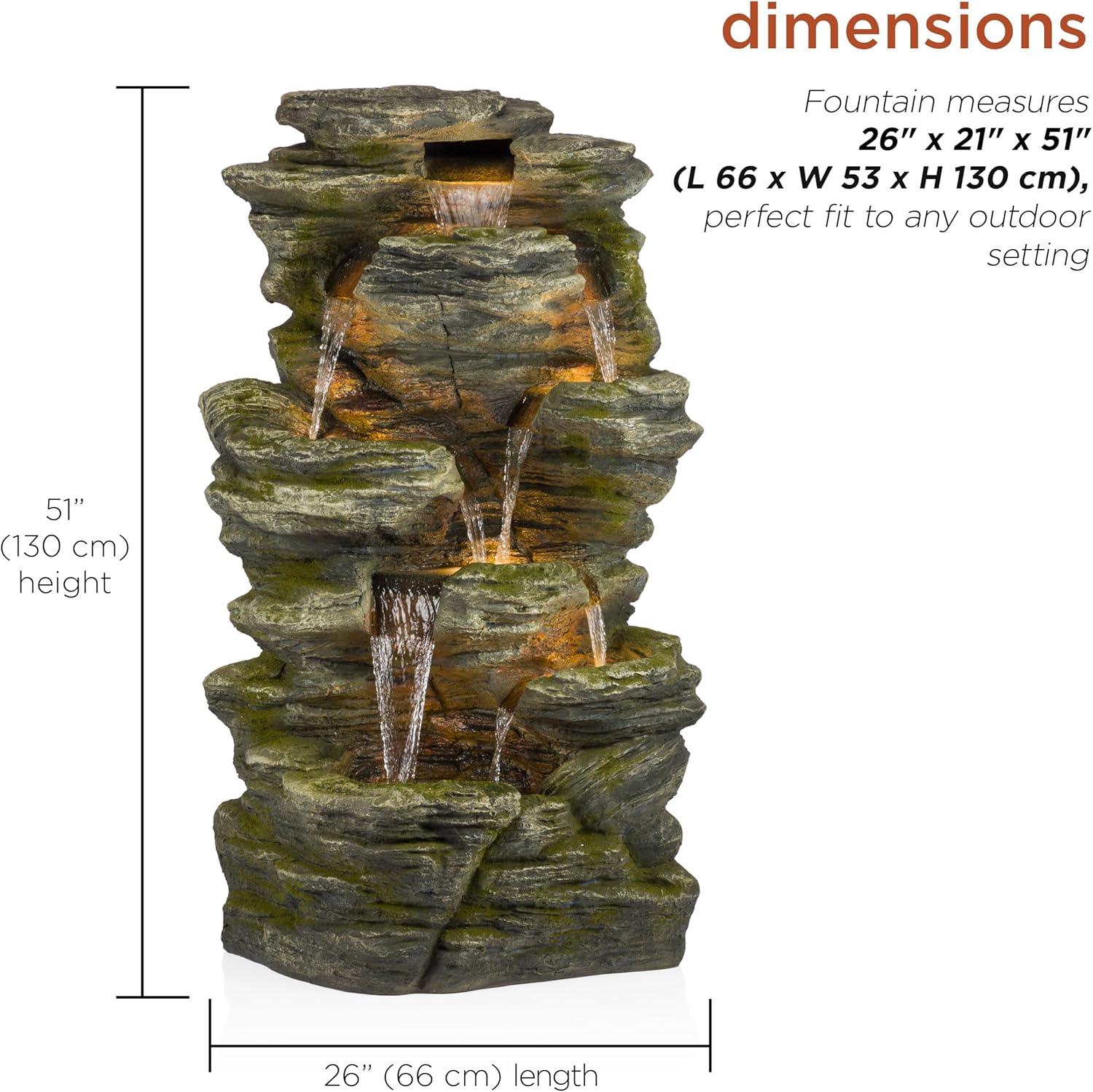 51" Resin Rock Cascading Fountain with LED Lights Gray - Alpine Corporation: Waterfall Feature, Birdbath
