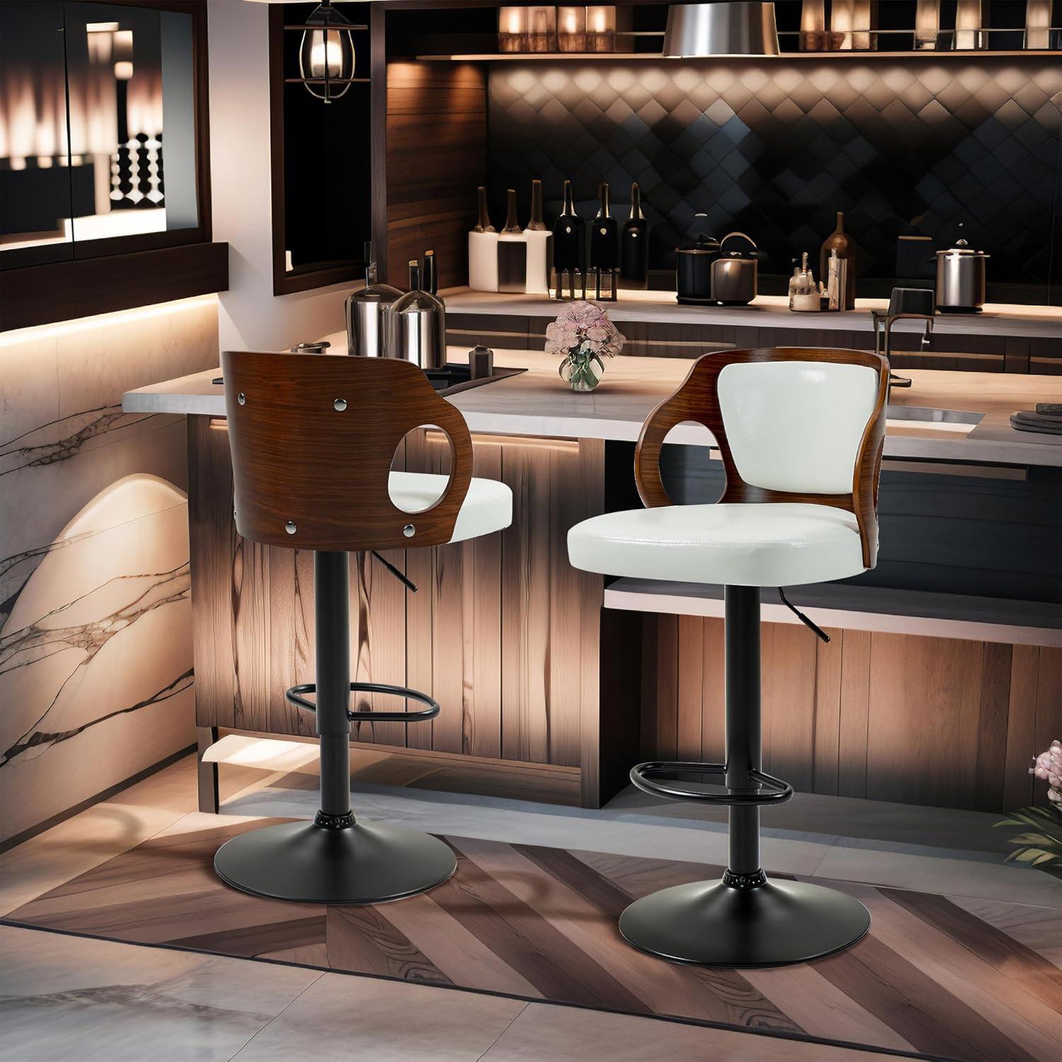 ECOTOUGE Swivel Bar Stools Set of 2, Height Adjustable Island Stools with Bentwood Back, Faux Leather Counter Height Bar Stools for Kitchen, Pub and Cafe, White