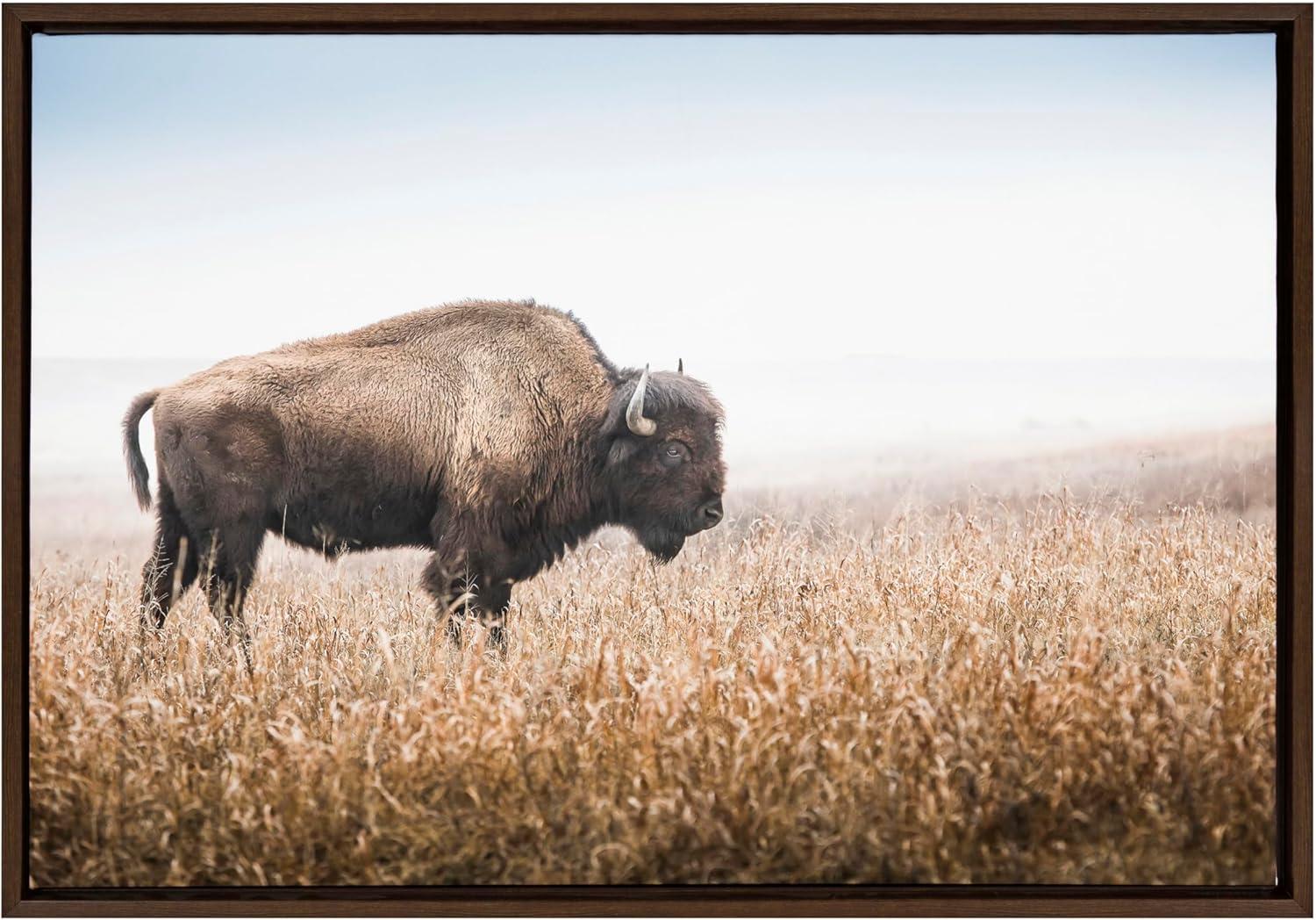 Kate & Laurel All Things Decor Sylvie American Bison Buffalo in Prairie Grass Framed Canvas Wall Art Brown