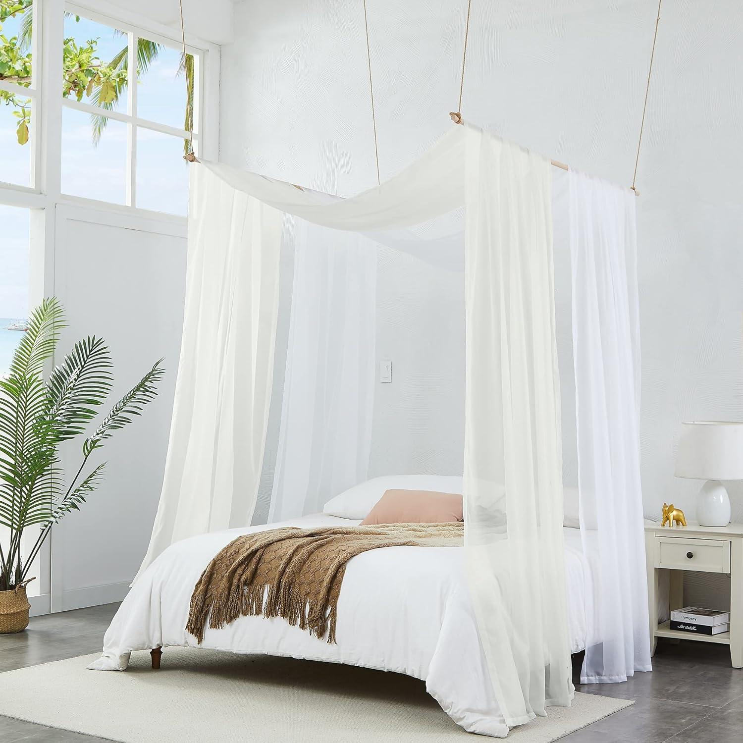 Queen Size White and Beige Canopy Bed Curtains Set