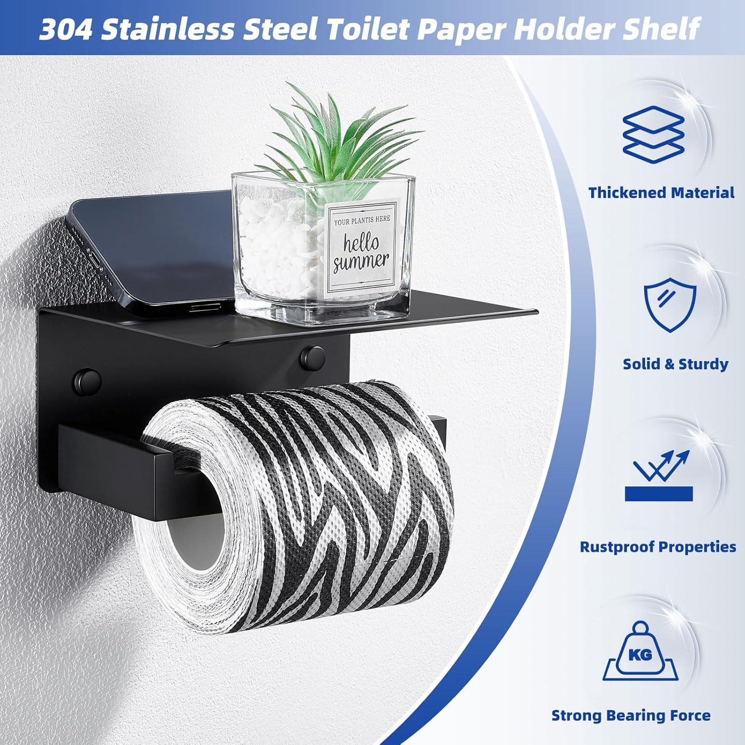APLusee Toilet Paper Holder with Shelf Matte Black, 304 Stainless Steel Tissue Holder, Wall Mounted