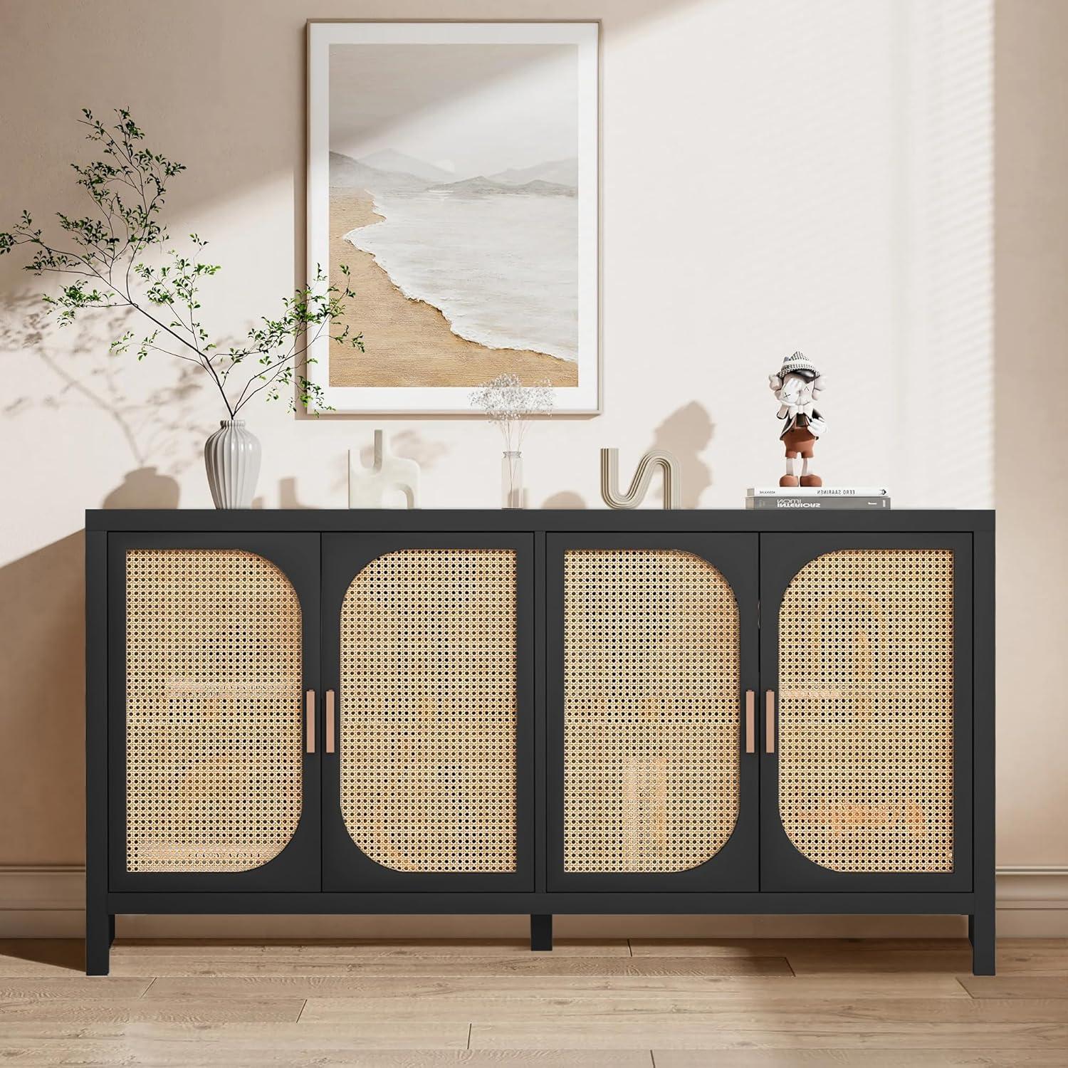 Black Metal and Rattan 4-Door Sideboard with Adjustable Shelves