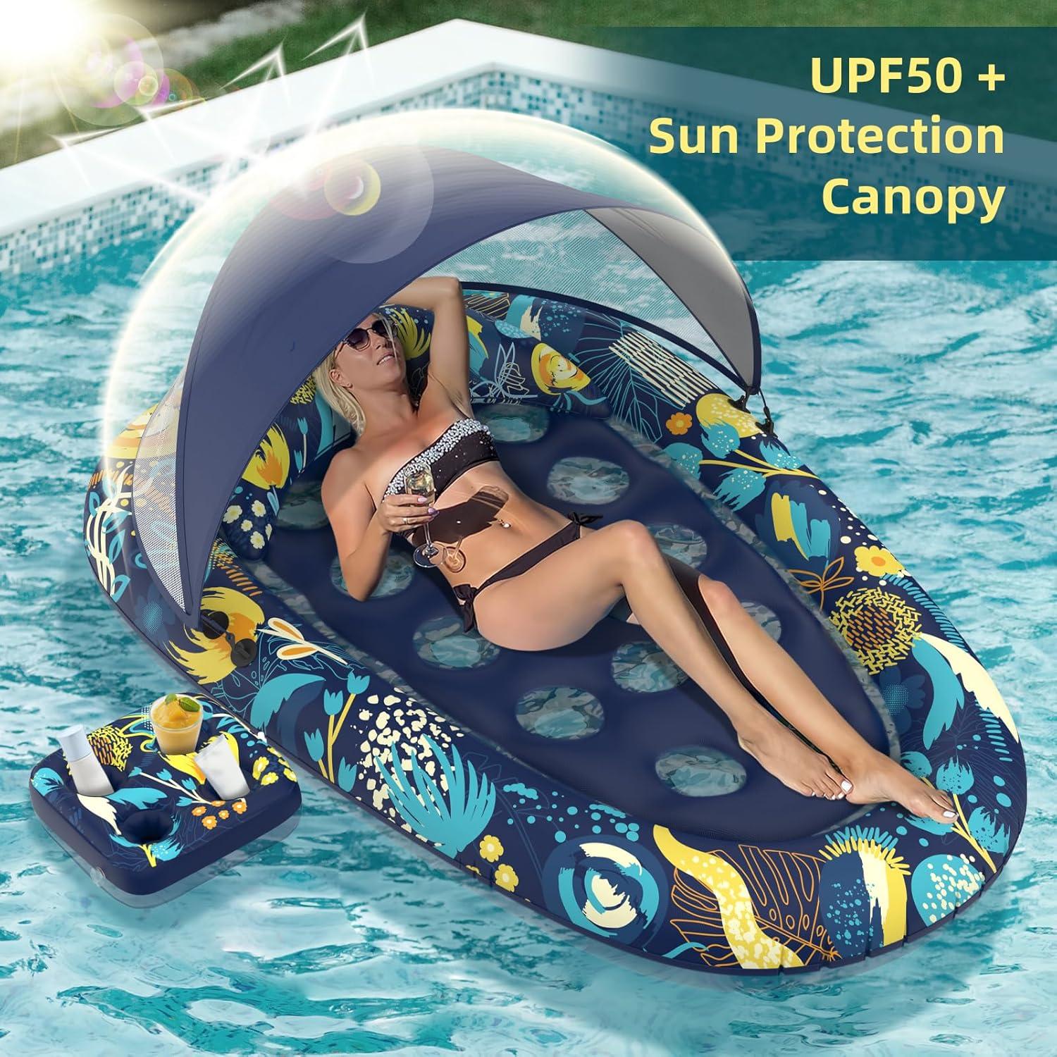 3-in-1 Pool Floats with Canopy Cup Holder, XL Large 73" x 48" Inflatable Pool Floats for Adults Lounger Raft Floating Chair for Swimming Pool Lake Water Lounge Float Beach Pool Party Toys