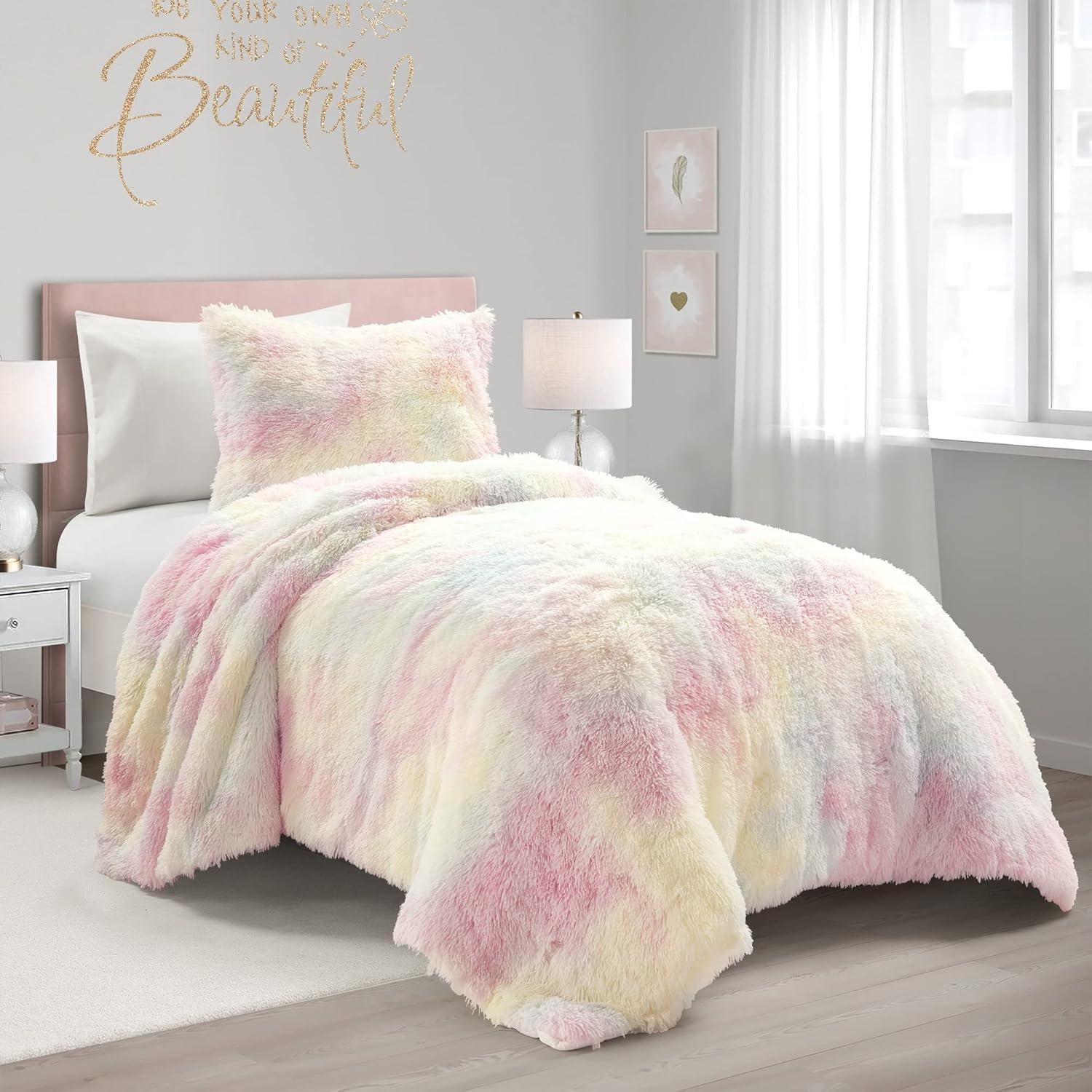 Rainbow Faux Fur Twin Comforter Set with Pillow Sham