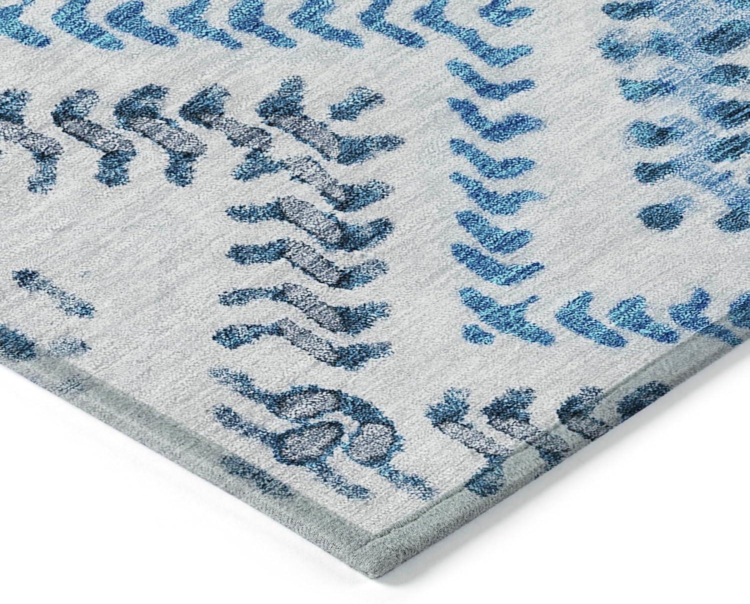 Blue and White Rectangular Washable Synthetic Area Rug