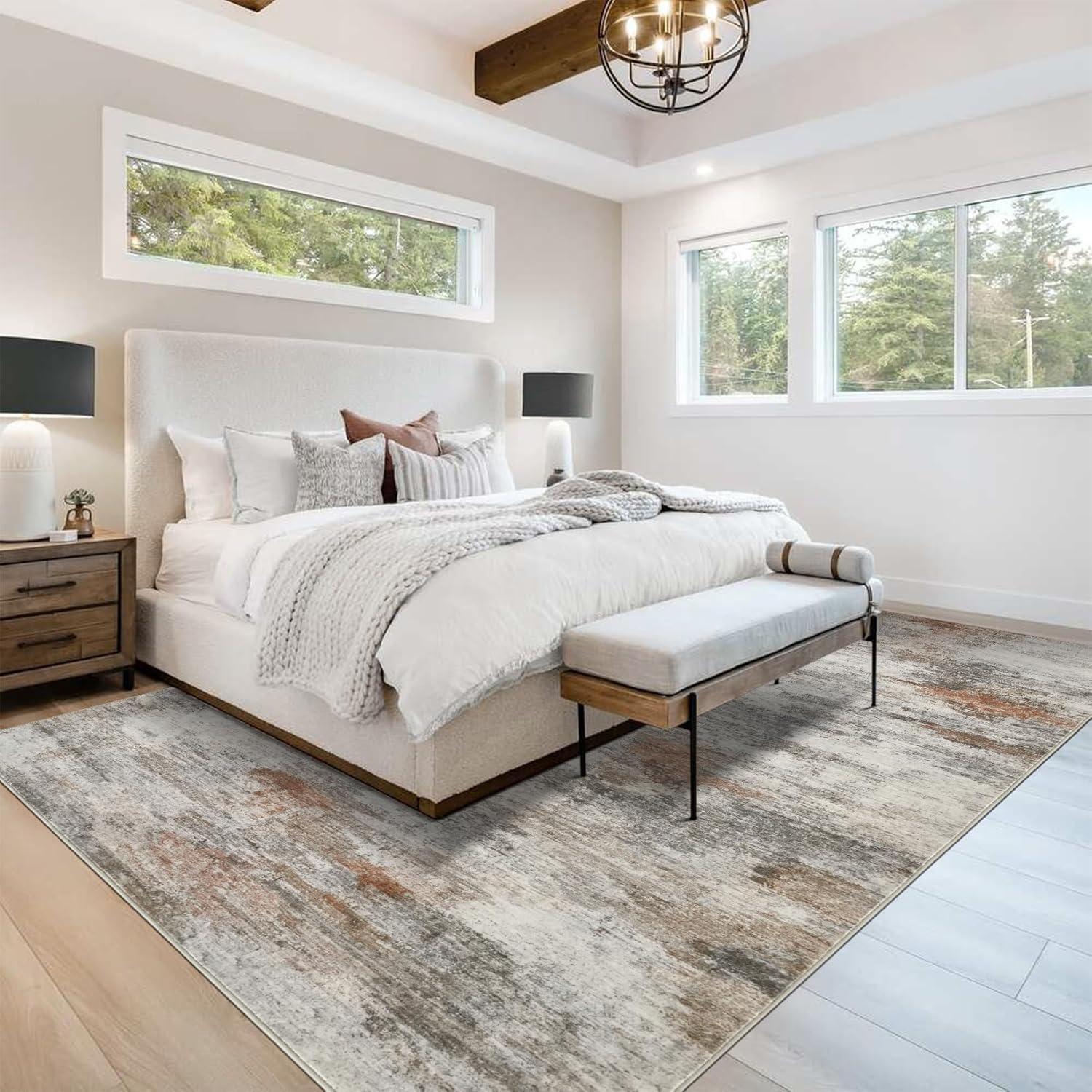 Area Rugs for Living Room: 8x10 Washable Neutral Modern Rug for Bedroom Large Soft Abstract Dining Room Rugs Indoor Floor Low Pile Carpet for Home Office Nursery - Rust Grey