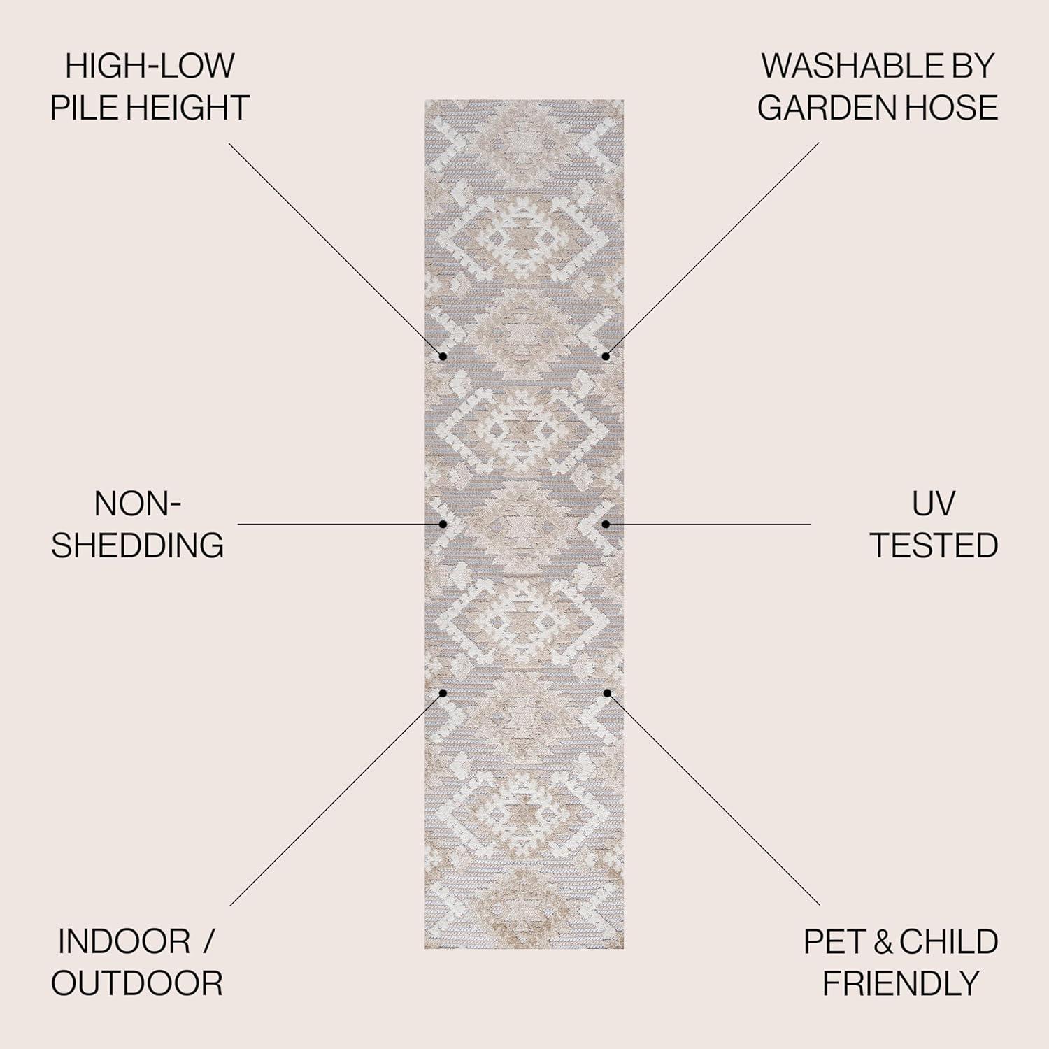 2'x8' Sumak High-Low Pile Neutral Diamond Kilim Indoor/Outdoor Runner Rug, Beige/Gray - JONATHAN Y