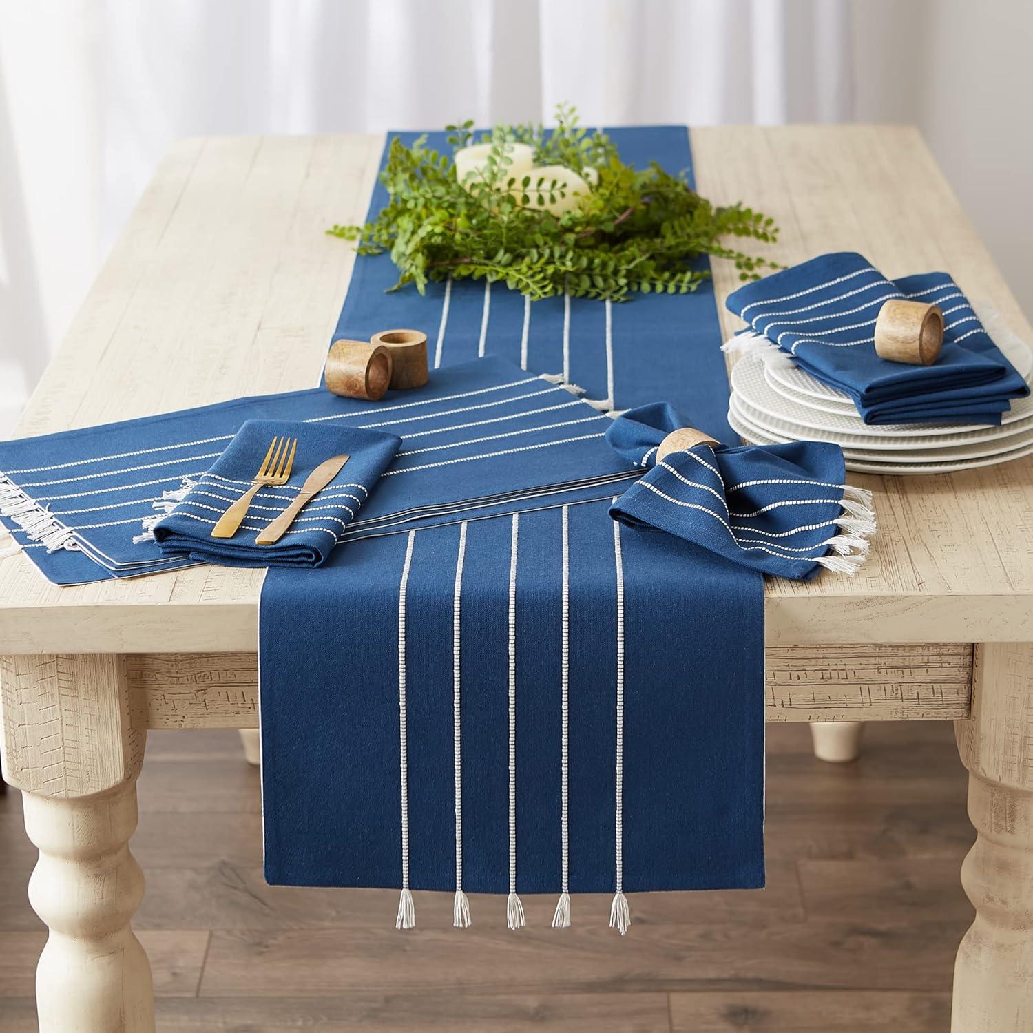 Navy and Off-White Striped Cotton Tassel Placemats, 13x19, Set of 4