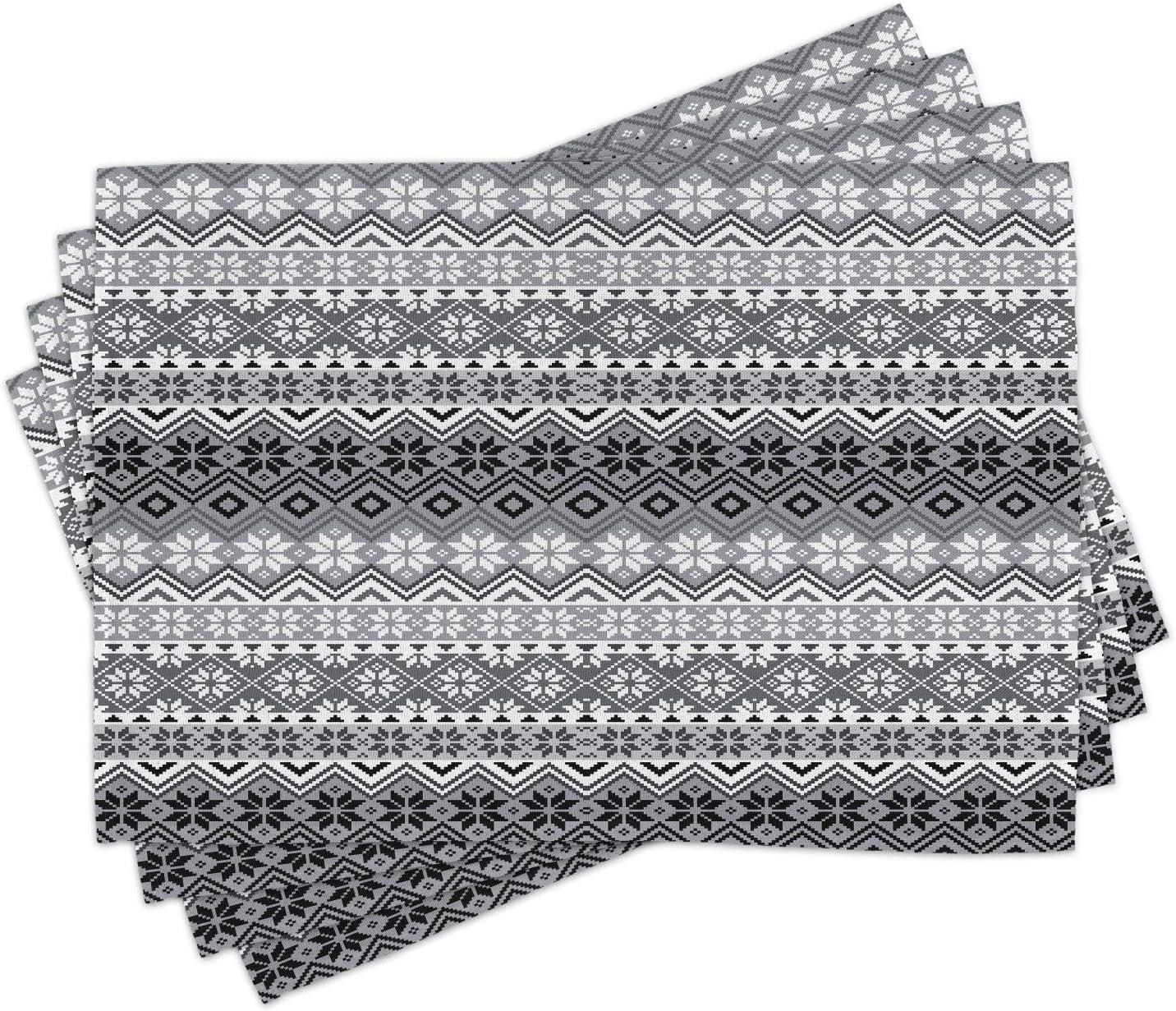 Ambesonne Grey Place Mats Set of 4, Nordic Snowflake Pattern, Standard Size, Grey White Black