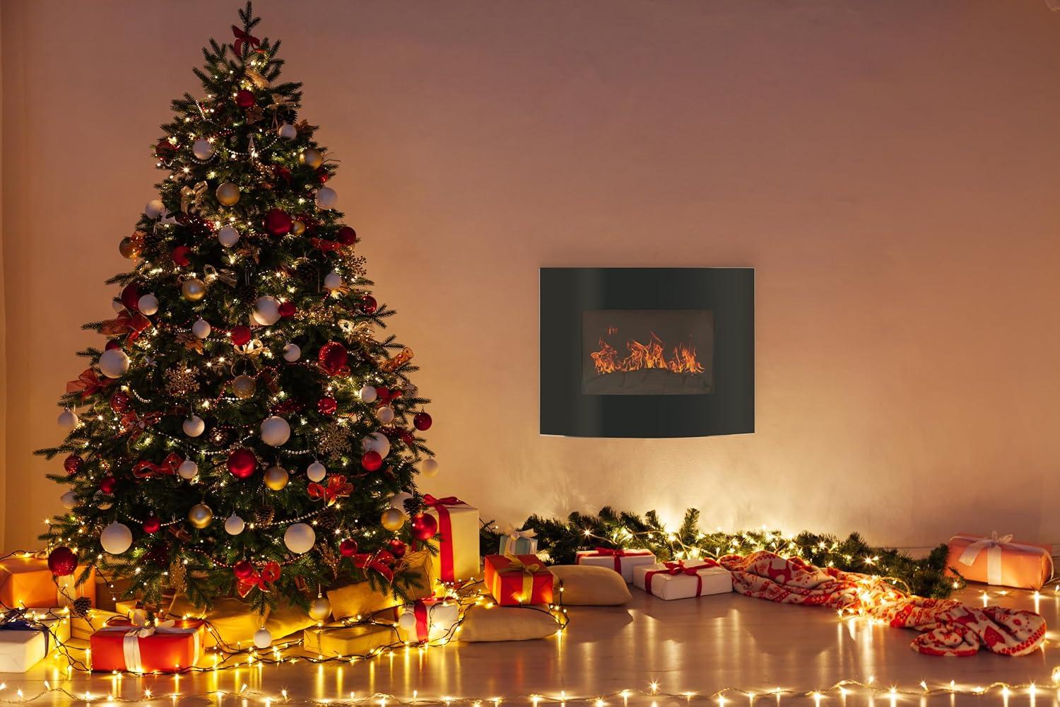 Black Curved Glass Wall-Mounted Electric Fireplace with Remote